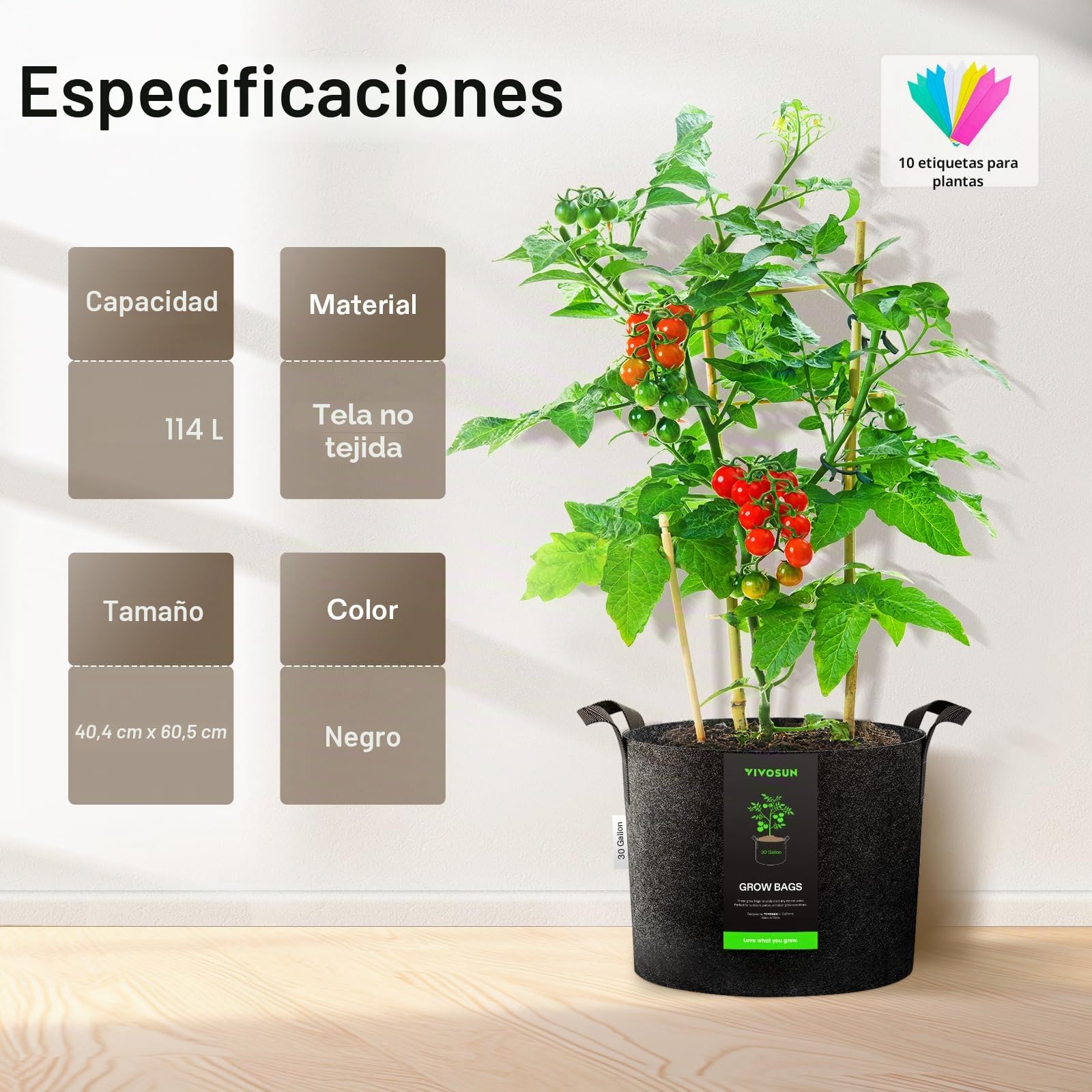VIVOSUN Bolsa de Cultivo 5 Unidades 115 L, Grow Bags de Tela No Tejida Reforzada con Asas, para Verduras, Flores, Frutas, Invernadero y Jardín