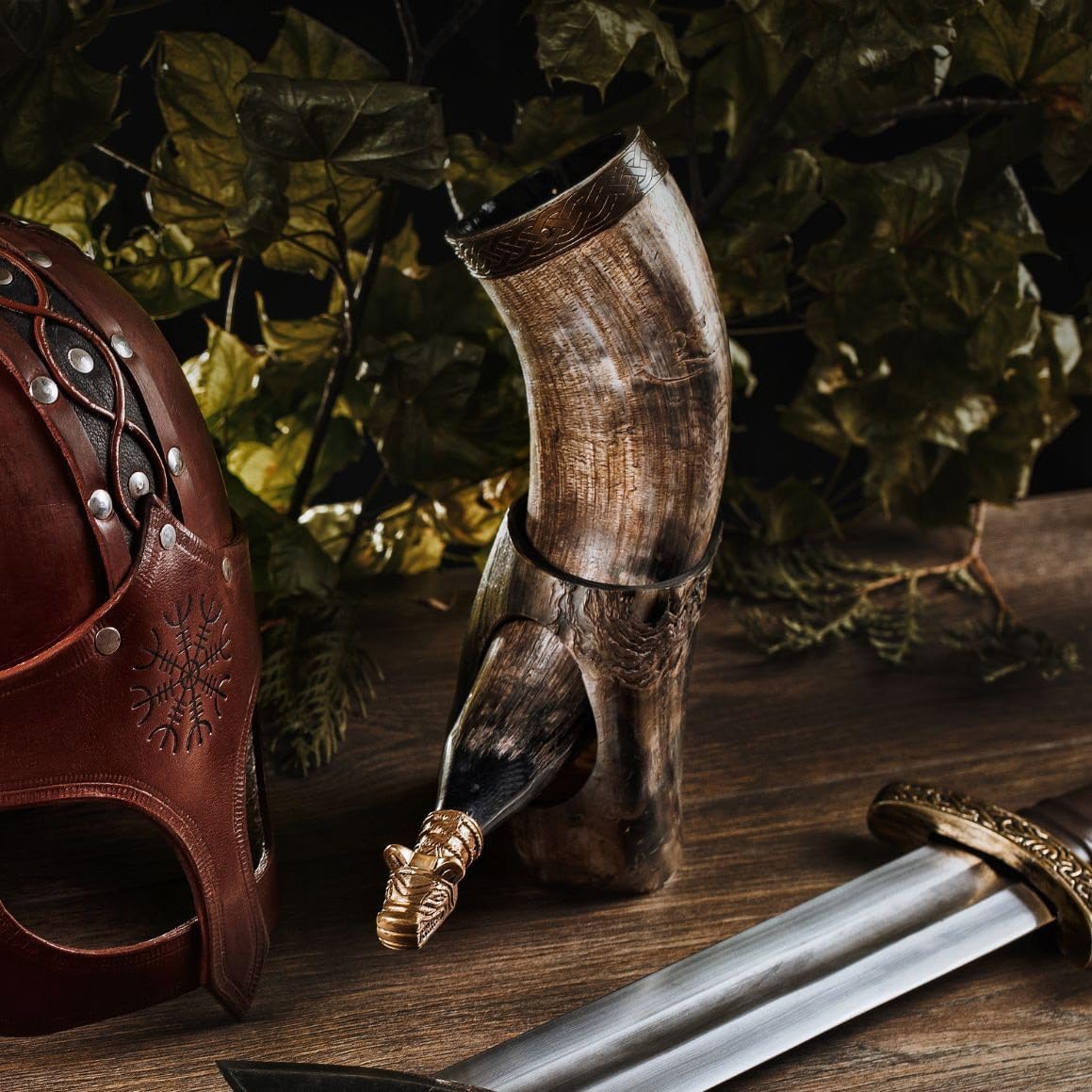 Norse Tradesman Genuine 12" Ox-Horn Viking Drinking Horn with Antique Brass Rim & Wolf Tip, Brown Leather Belt Holster, Fitted Stand & Burlap Gift Sack - The Fenrir, 12-Inches, Low Polish