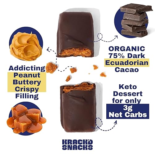 Miniatura 4 de Krack'd Snacks Barras de chocolate Keto  Chocolate vegano bajo en carbohidratos, con mantequilla de maní y caramelo  Barras de caramelo sin gluten y