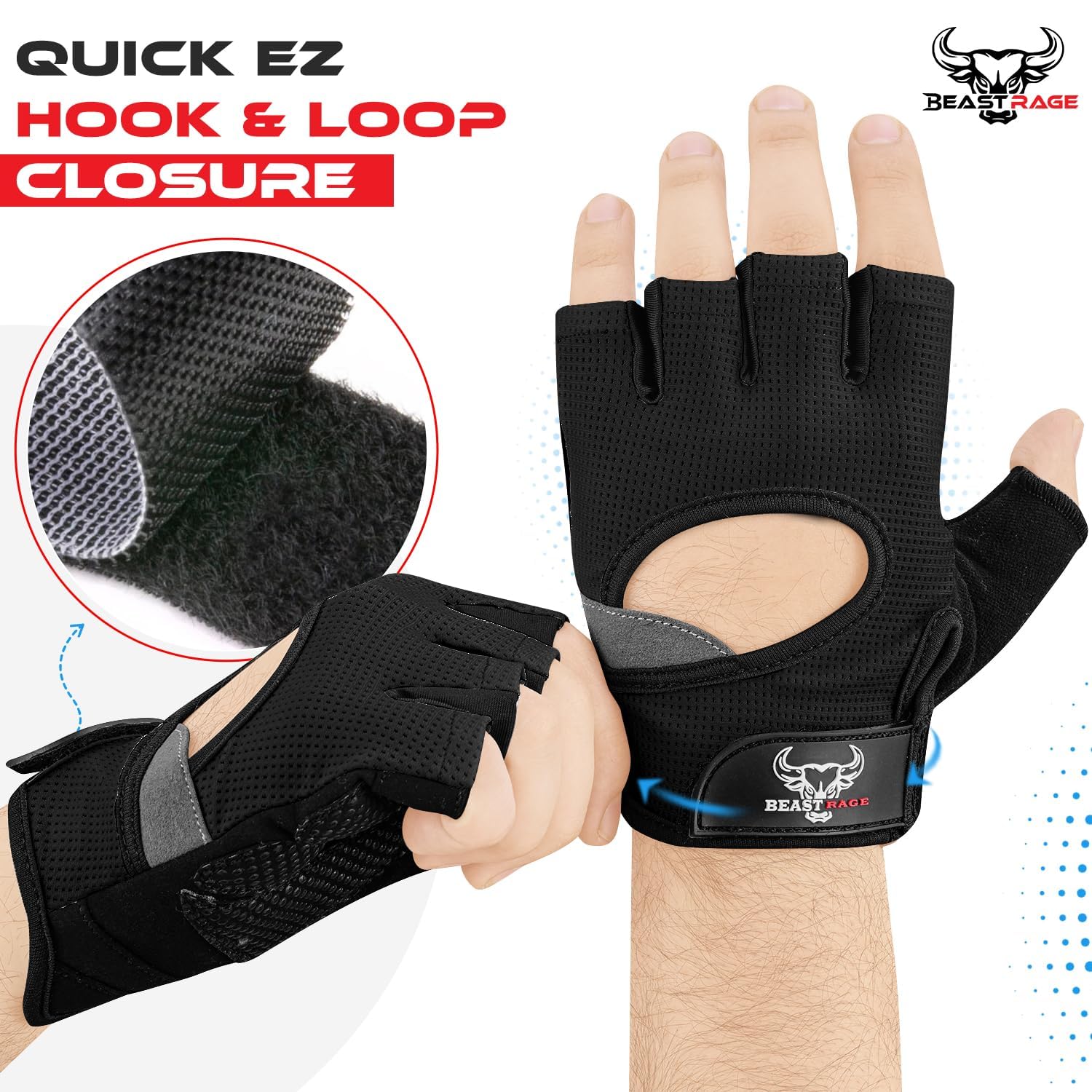 BEAST RAGE Fingerless Weight Lifting Gloves with Palm Protection Padding, Breathable Lightweight Gym Gloves for Men, Women, Weightlifting, Cycling, Exercise, Training Pull Up