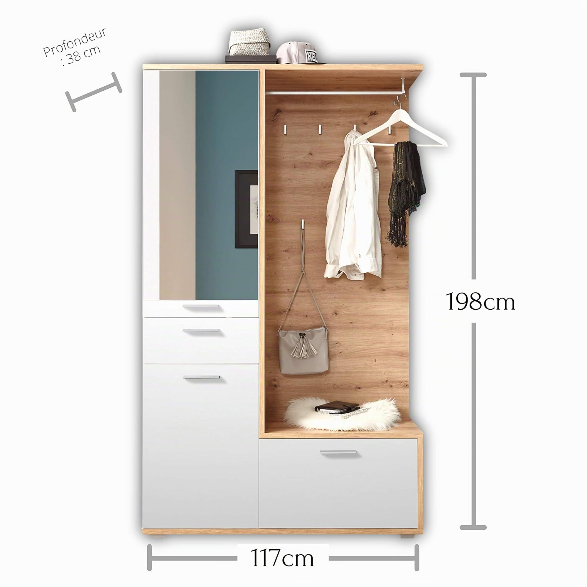 Stella Trading Entra Ensemble de vestiaire d'entrée en Aspect chêne Artisan, Blanc - Vestiaire Compact stylé avec Miroir pour Votre entrée - 117 x 198 x 38 cm (L/H/P)