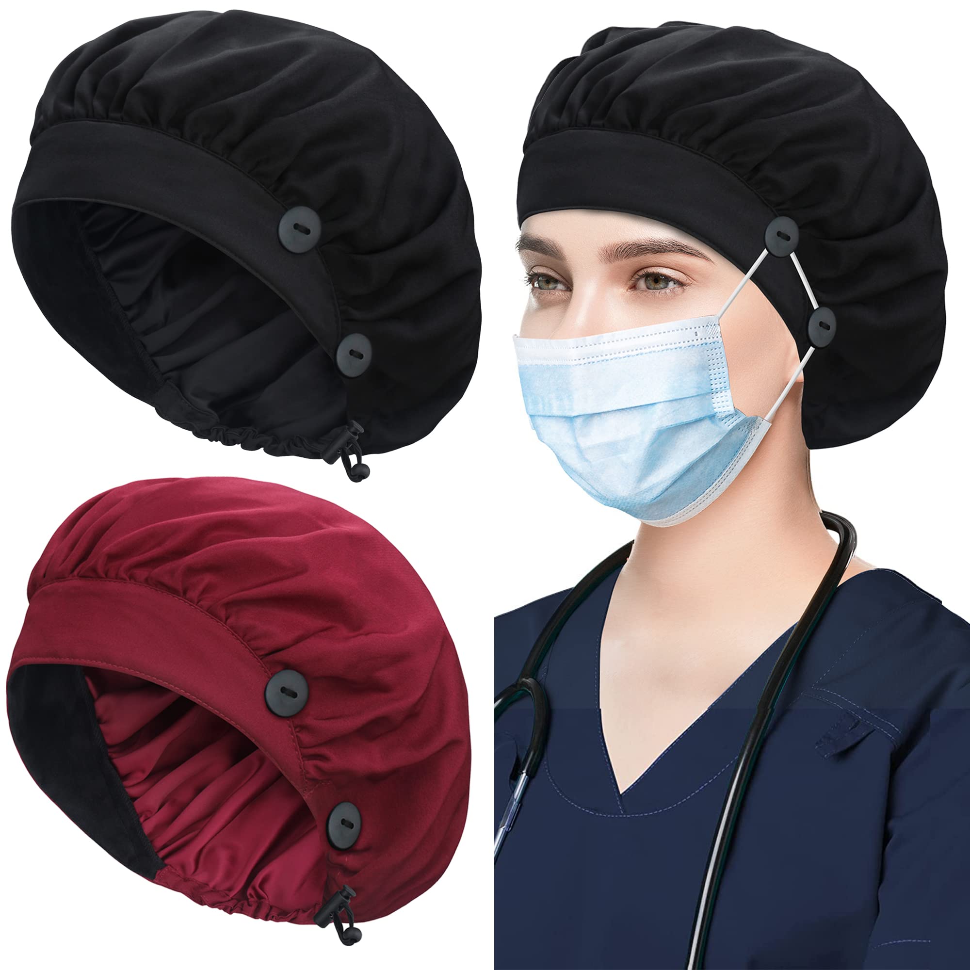 ABAMERICA 2 Pack Bouffant Caps with Button and Sweatband, Adjustable Scrub Caps for Women Men, One Size Multi Color