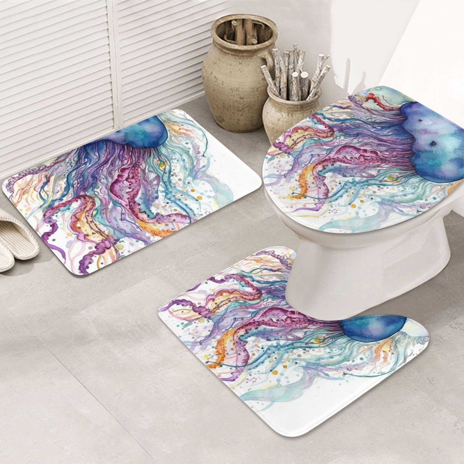 Dwrepo Watercolor Jellyfish Print Bathroom Rug Set 3 Piece with Non-Slip U-Shaped Contour Mat and Toilet Lid Cover for Bathroom Decoration