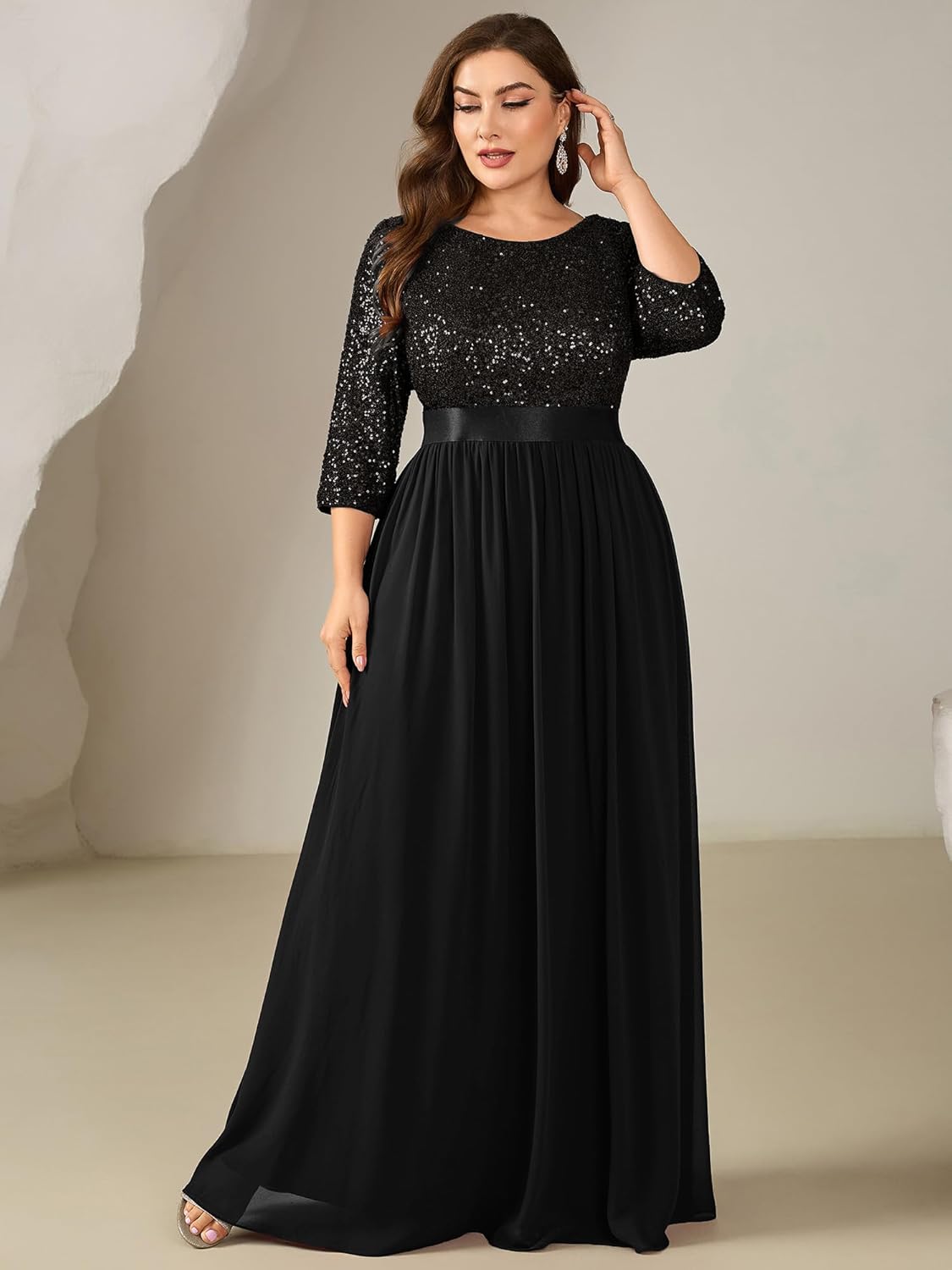 Ever-Pretty Plus Women's Sequin Chiffon Plus Size Formal Evening Dresses Long Sleeves Maxi A-Line Mother of Bride Dress - Image 3