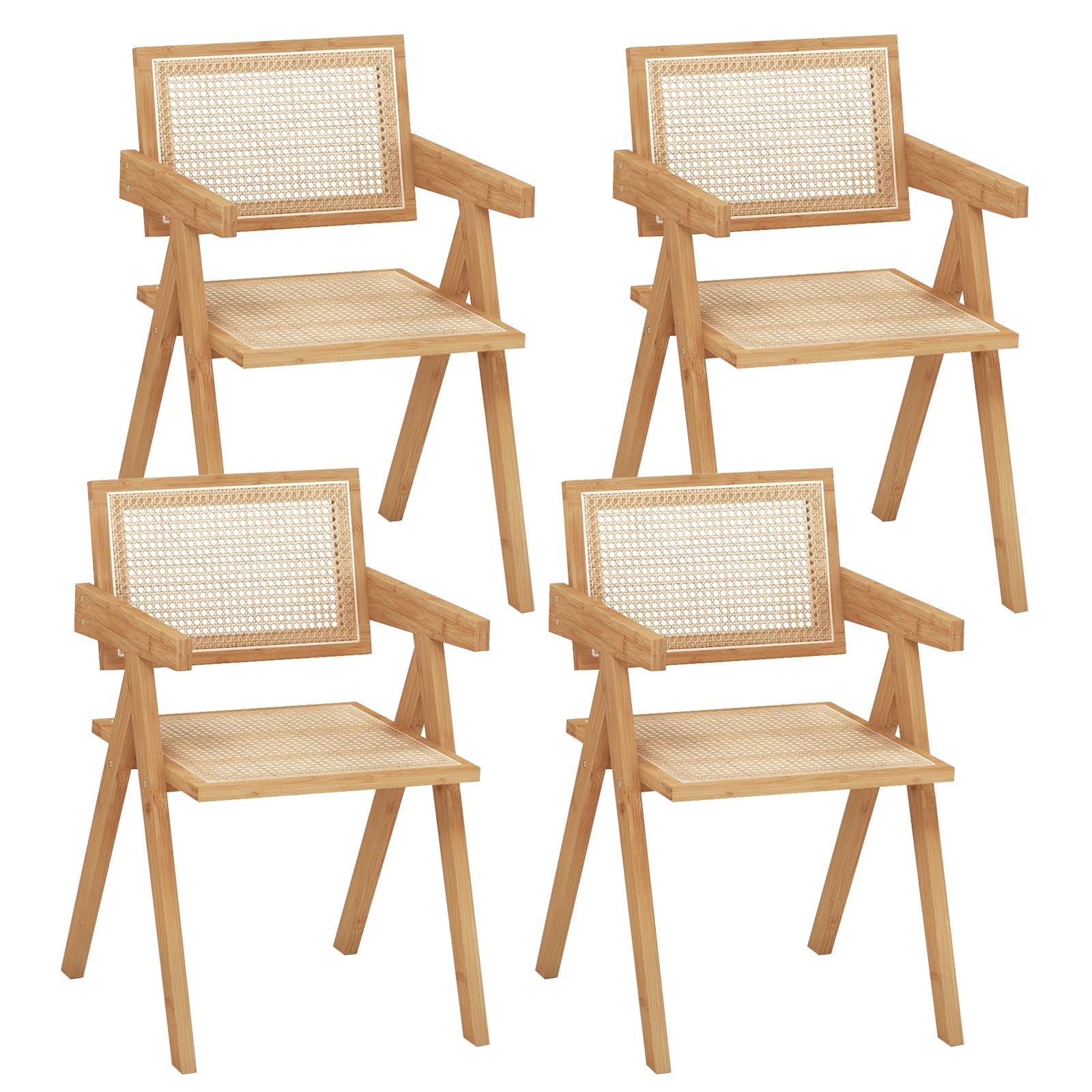 Giantex Rattan Dining Chairs Set of 4, Boho Cane Living Room Chairs, Max Load 330 Lbs, Wooden Dining Chairs, Bamboo Accent Armchair for Living Room,
