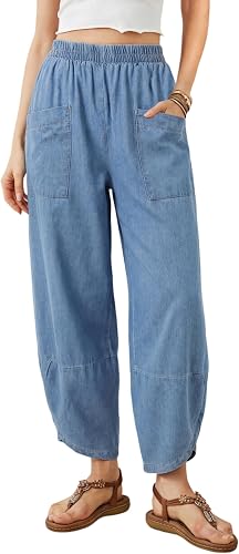 Womens Baggy Wide Leg Denim Pants Elastic Waisted Casual Loose Barrel Jeans with Pockets