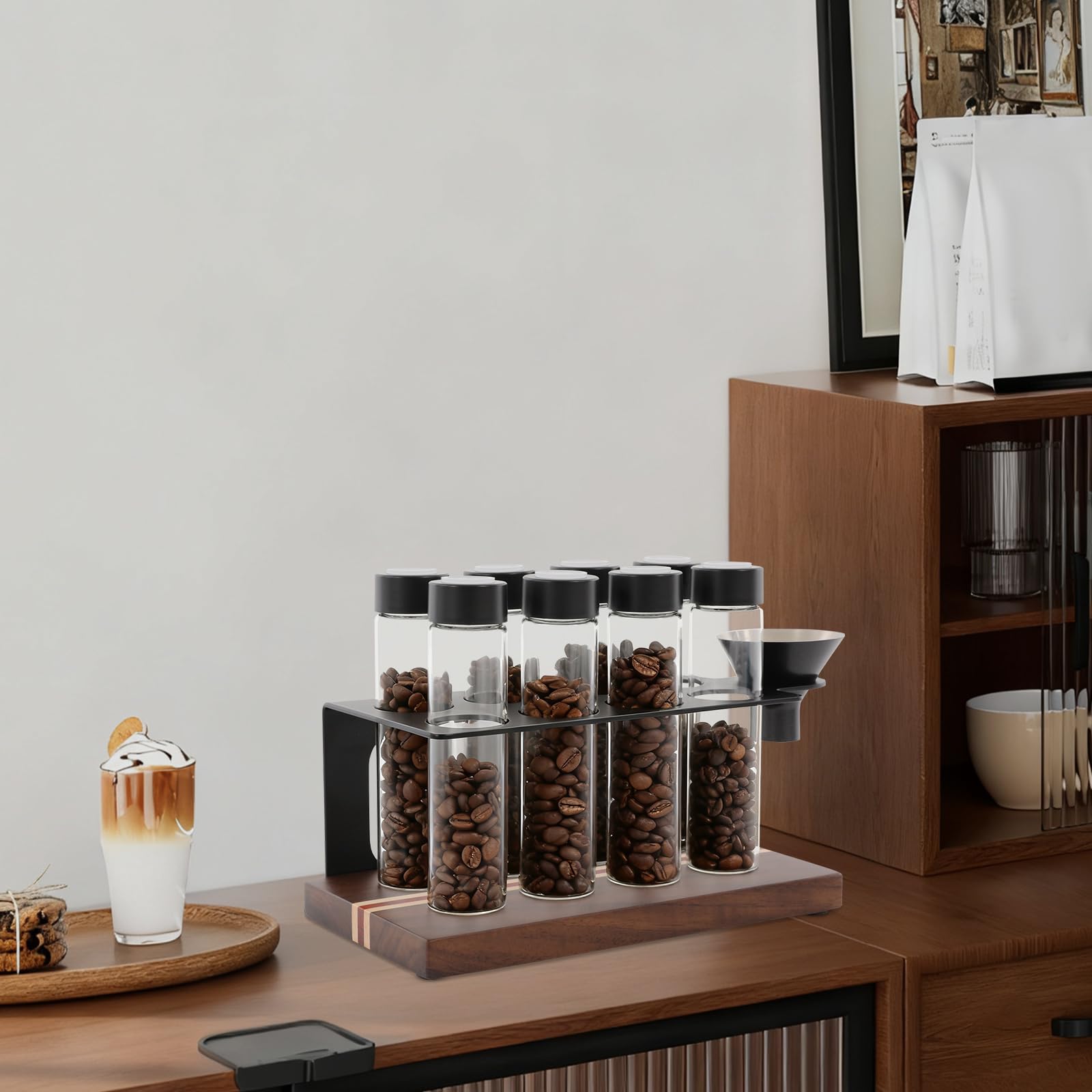 Pojemnik na 8 tubek ziaren kawy, pojedyncza dawka ze stojakiem i lejkiem, pojemnik do przechowywania ziaren espresso, jednorazowy zawór wylotowy, pojemność 18-22 g, czarny