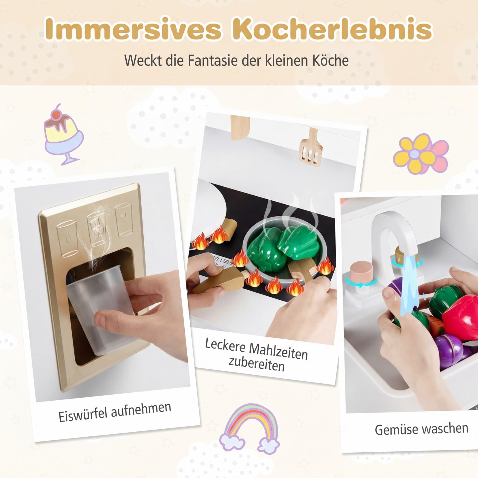 COSTWAY Kinderküche, Spielküche Holz mit 17 Zubehörteilen, Spielzeugküche mit Backofen, Eismaschine, Mikrowelle & Herd, Holzküche für Kinder ab 3 Jahren (Weiß)