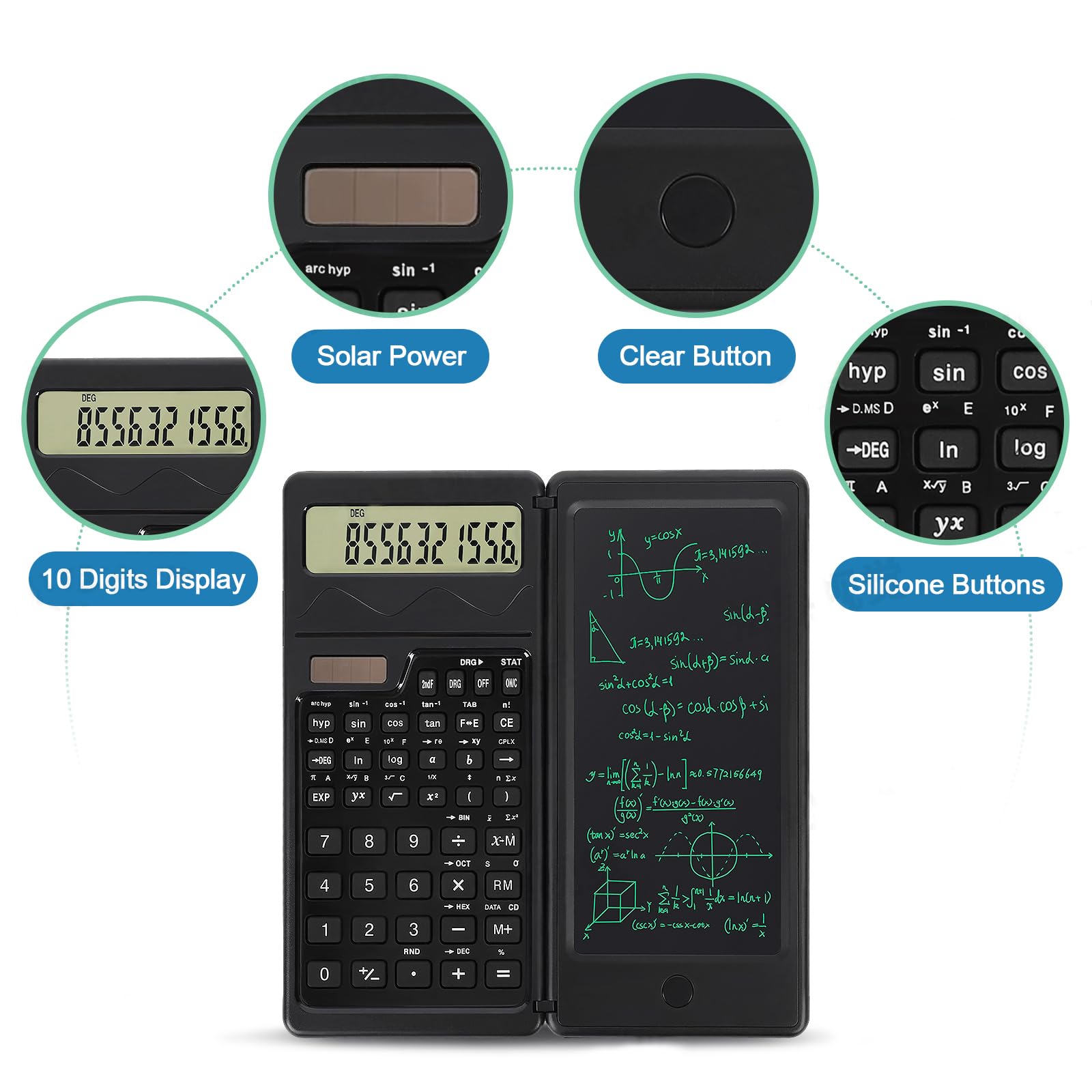 Calculatrices scientifiques pour étudiants, grand écran à 10 chiffres/calculatrice de mathématiques avec bloc-notes pour collège lycée et collège (noir)