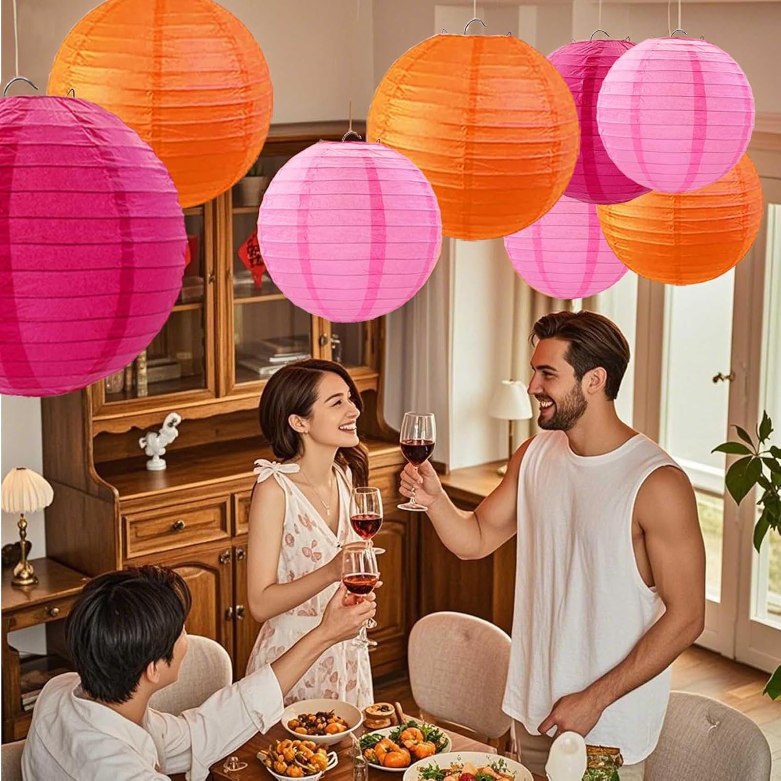 12 lanterne di carta rosa arancione, rosa, arancione e fucsia, lanterne di carta rotonde, lanterne di carta per lanterne, matrimoni, feste in giardino, spose per autunno, decorazione per anniversari e
