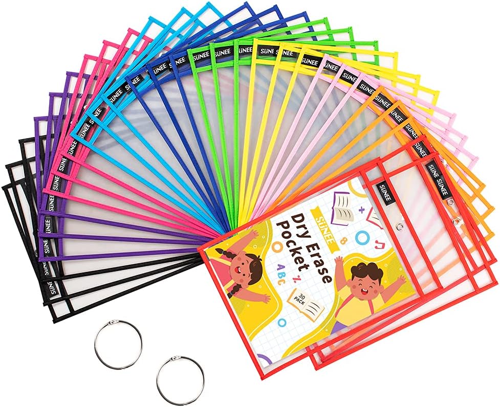 SUNEE 30 Packs Oversized Reusable Dry Erase Pocket Sleeves with 2 Rings, 10 Assorted Colors 10x14 Ticket Holders, Clear Plastic Sheet Protectors, Teacher School Classroom Supplies : Office Products