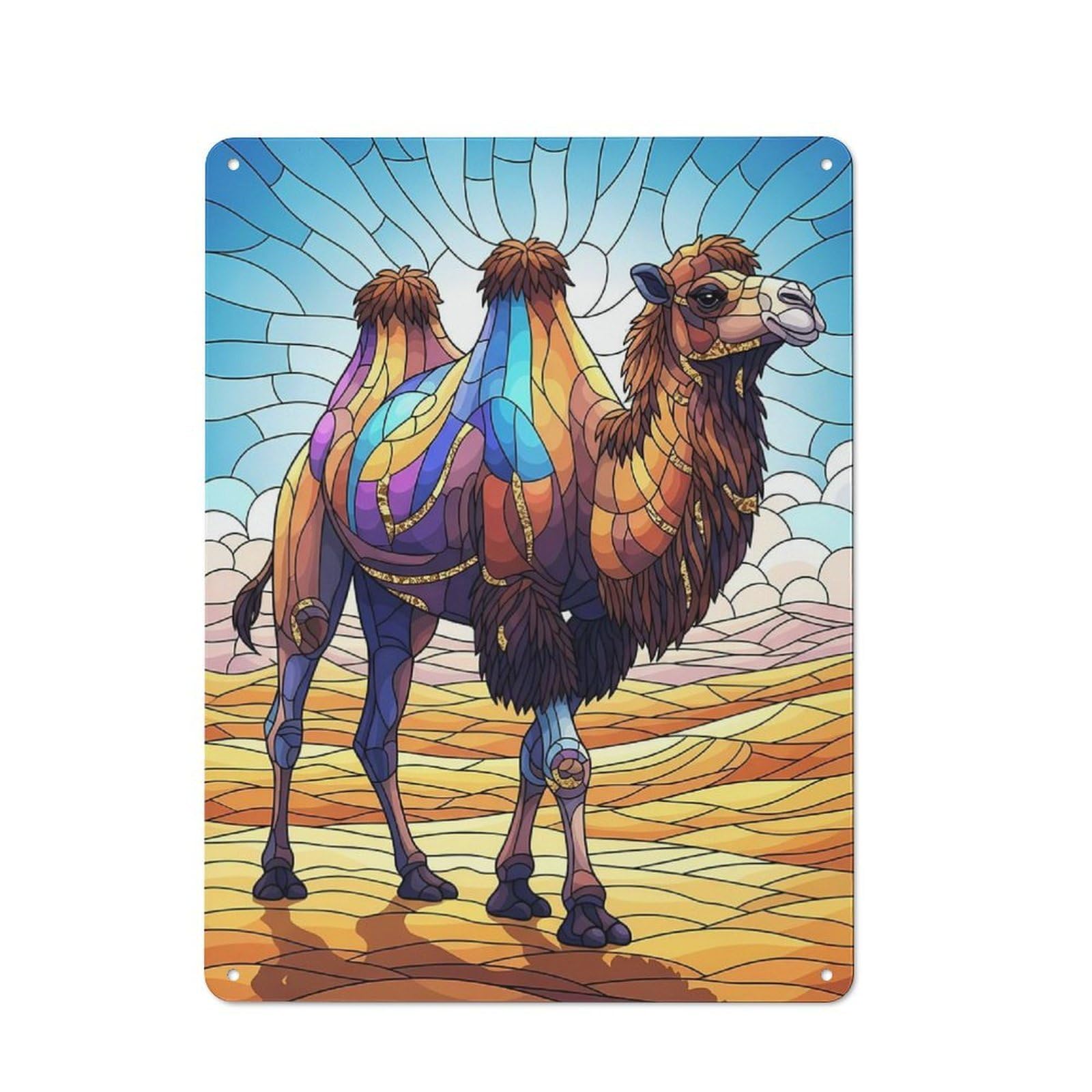 Junmoney Stained Glass Camel In Desert Landscape Vintage Tin Sign 40X30cm With For Hobby Room Or Studio, For Studio Owners Refreshing A Room In Autumn
