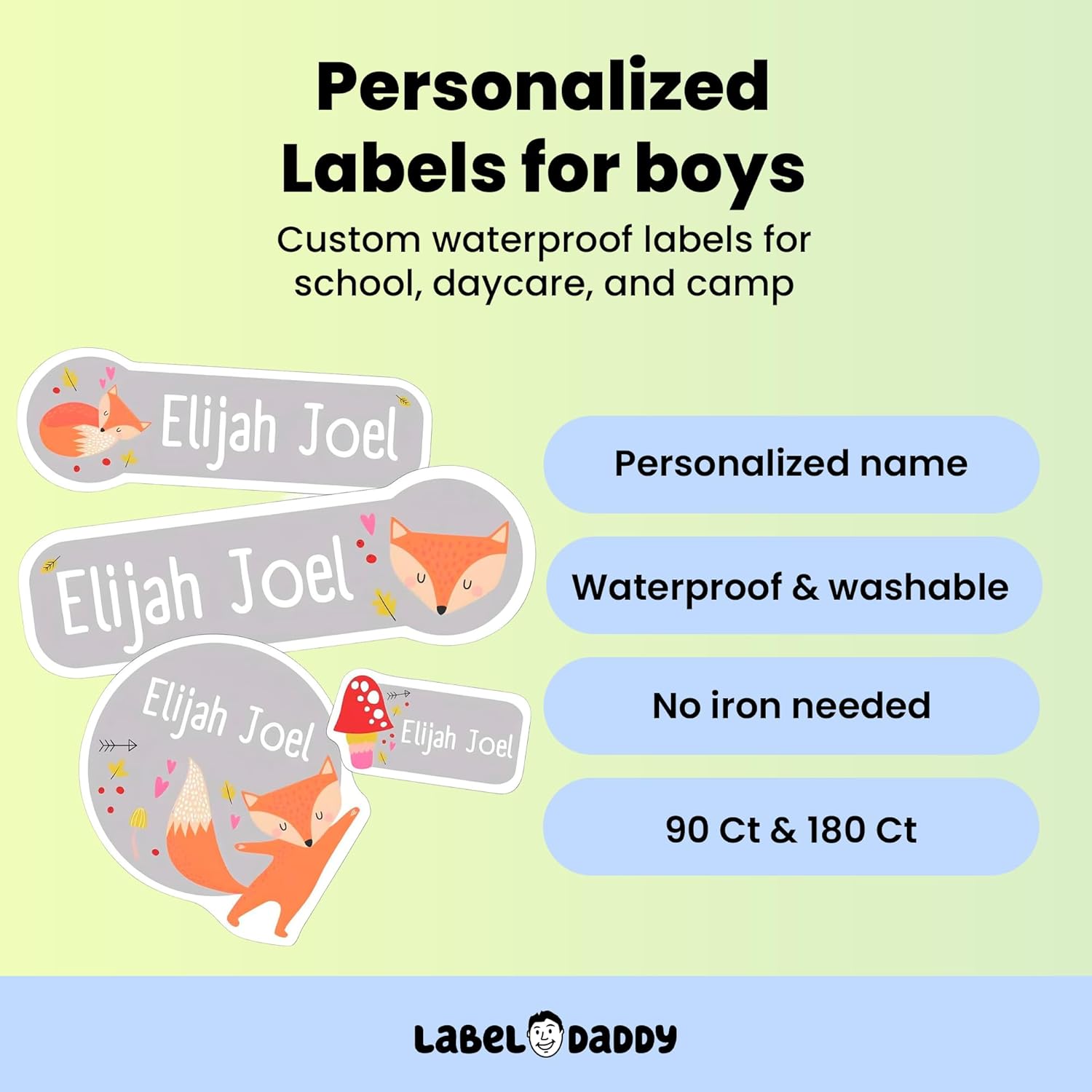 Custom Name Labels for Boys – Waterproof No-Iron Personalized Stickers for Daycare, School & Camp – Washable Multi-Size Labels for Bottles, Backpacks, Shoes & More – 90 or 180 Ct | Fox Design