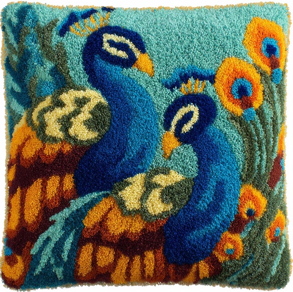 kitphoenix DIY Latch Hook Kits,Peacock Pattern 17X17Inch Needlepoint Pillow Kit, Half Cross Stitch Kit, Embroidery Kit, Latch Hook Cushion Cover Hobby & Crafts
