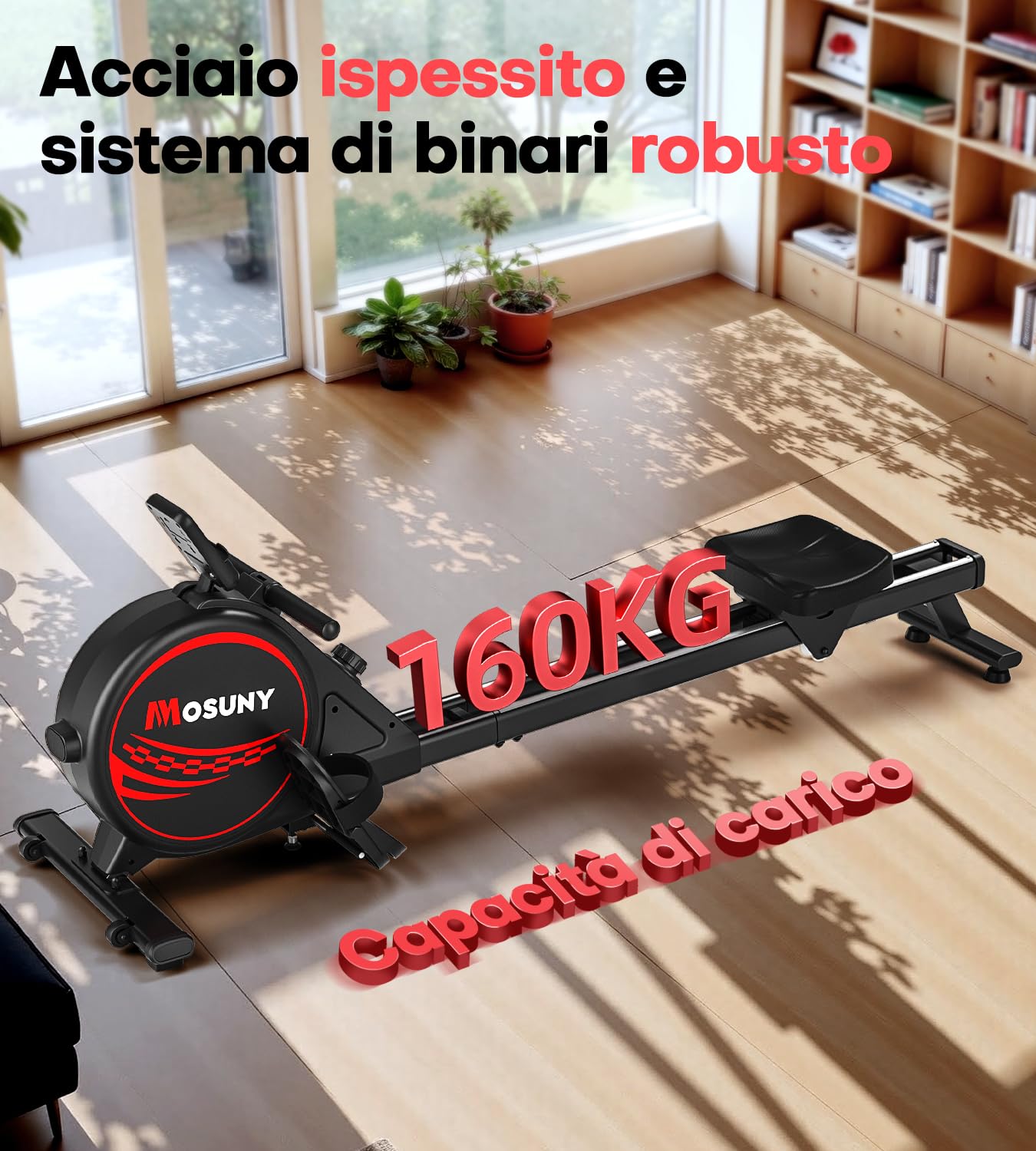 Vogatore per Casa, 16 Livelli di Resistenza, Vogatore Magnetico con Guide di Scorrimento Doppie Aggiornate, Ultra Silenzioso, Display LCD Compatibile con App, Capacità di Carico Fino a 160 kg