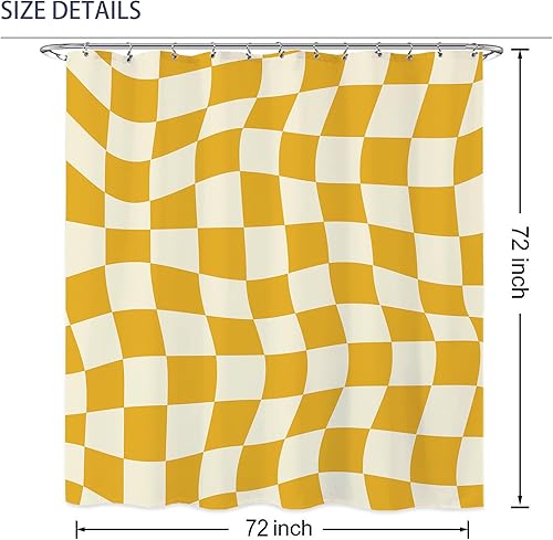 Miniatura 3 de Cortina de ducha a cuadros amarillos de los años 60 y 70, cortina de ducha moderna Y2K para baño, juego de cortina de ducha impermeable para
