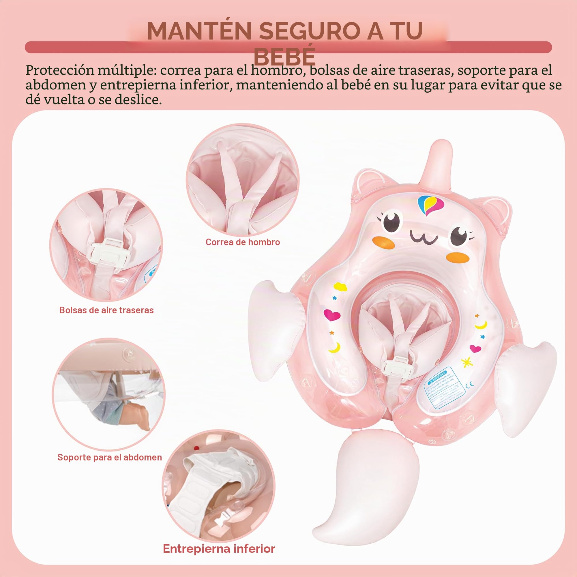 Flotador inflable de unicornio para bebé con toldo de 3-6-12 meses, flotador de piscina para bebé, anillo de flotador, asiento inflable para bebé con toldo de sombra para 6-12-18-36 meses, rosa