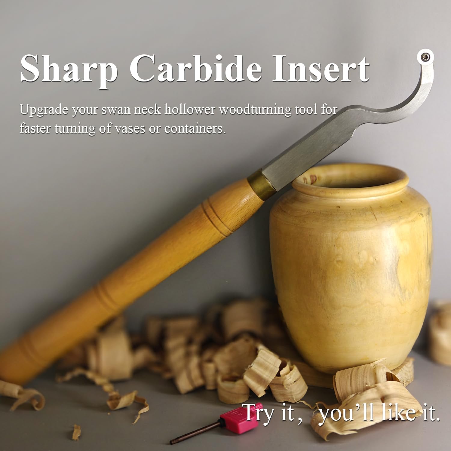 Hollower Wood Turning Tool Swan Neck Woodturning Lathe Tipped Bended Chisel with 12mm Round Carbide Insert Tip, 16 Inch Length