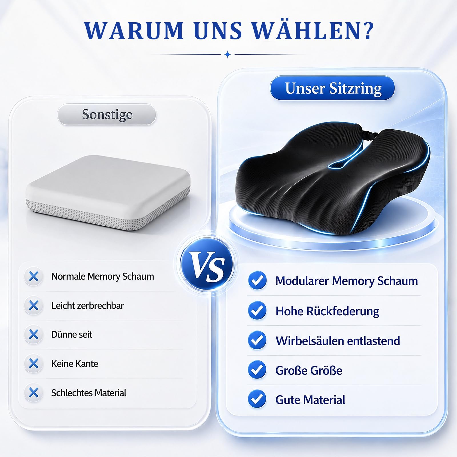 Cuscino ortopedico in memory foam, cuscino ergonomico per emorroidi, per auto, sedia a rotelle, ufficio, per alleviare il dolore al coccige, nero