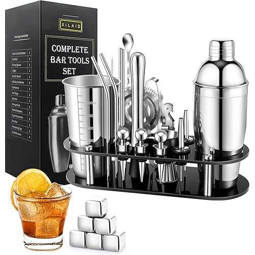 Cocktail Shaker Set,26-Piece Bartender Kit with Acrylic Stand, Professional Bar Tools for Drink Mixing, Home, Bar, Party, Housewarming Gifts(Include 6 Whiskey Stones)