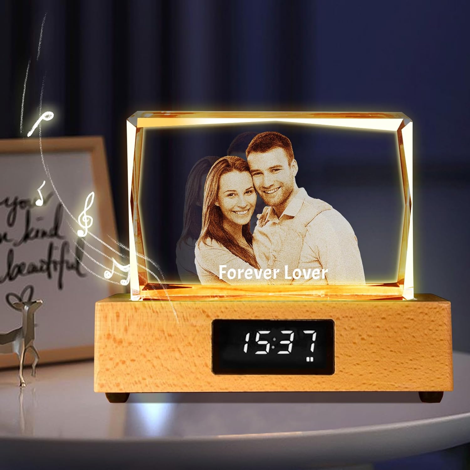Personalized 3D Crystal Photo with Light Base – Custom Picture Gift with Your Own, Ideal for Special Occasions & Memorial Gift for Women, Men, Couples, and Parents (Horizontal Bluetooth Clock Crystal)