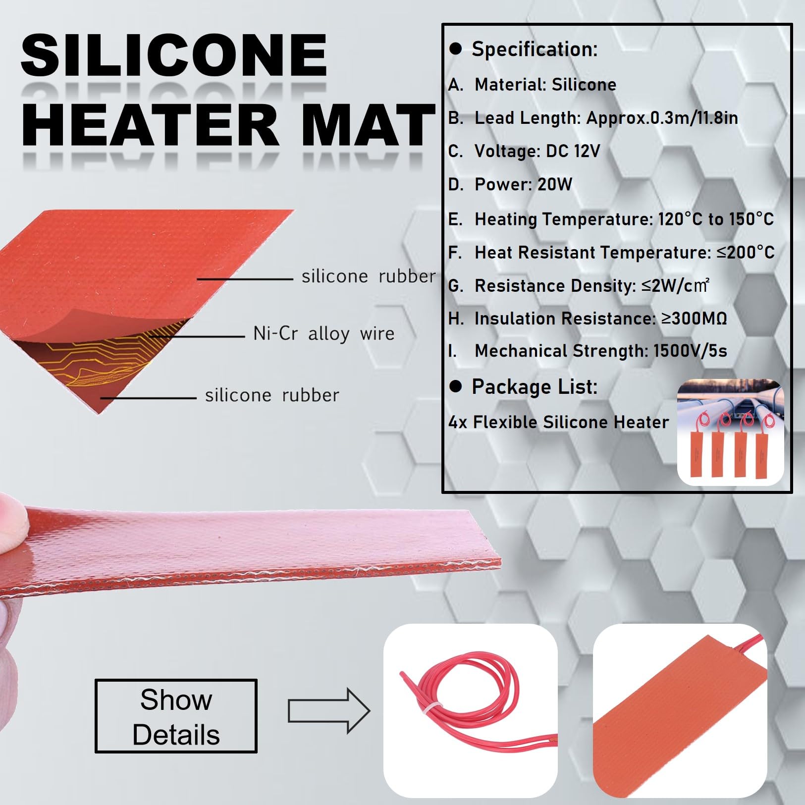 Coussin Chauffant en Silicone 12V 20W 4 Pièces 12v heat pad Plage de Température 120-150°C Chauffage Rapide Tapis Chauffant Flexible 50x150mm Tapis Chauffant en Värmare