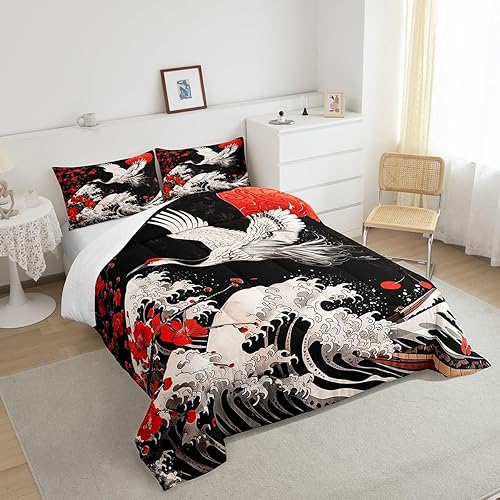 Miniatura 4 de Juego de edredón para niños con grúa de estilo japonés, tamaño Queen, juego de ropa de cama retro con flores de cerezo japonés Ukiyo-e con olas del