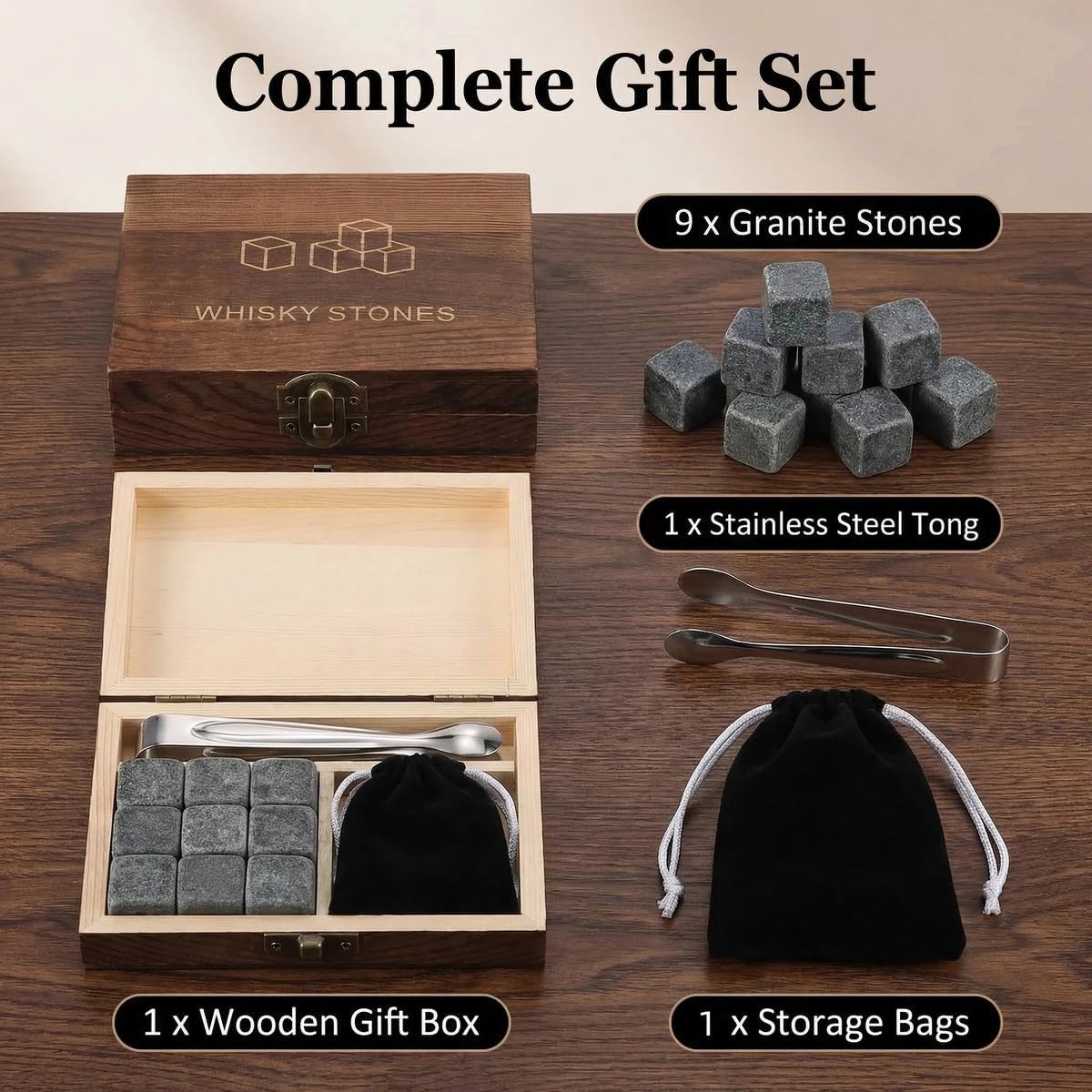 Whiskey Stones Gift Set for Men, 9-Piece Natural Granite Cooling Rocks for Bourbon Scotch, Premium Bartender Kit for Cocktails, Dark Granite Christmas Stocking Stuffers