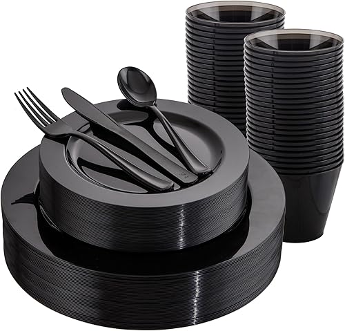 KIRE 150 platos de plástico negro desechables, el juego de vajilla negra incluye 25 platos llanos, 25 platos de ensalada, 25 tenedores, 25