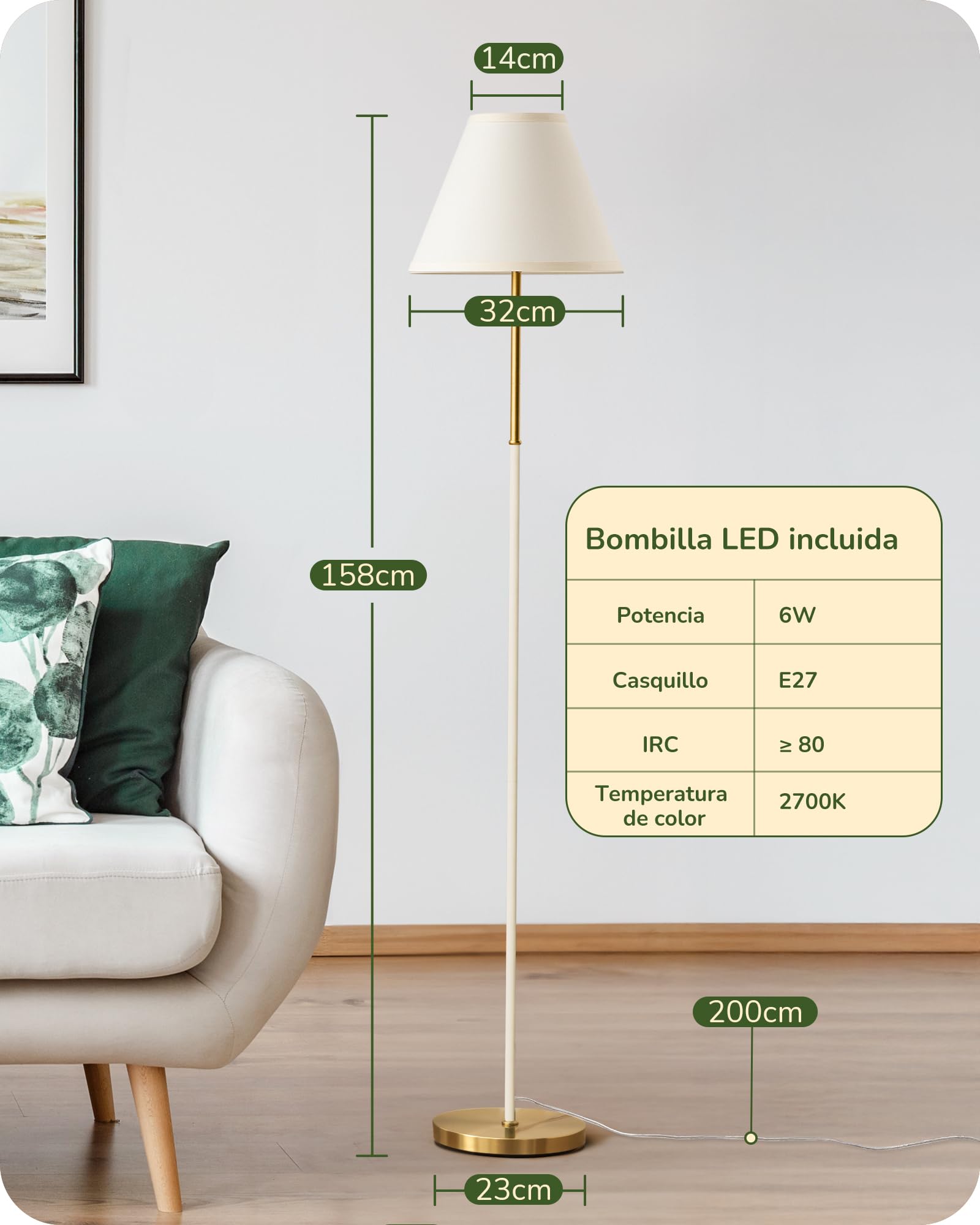 EDISHINE Lámpara de Pie Retro para Salón, Pantalla de Algodón-Lino y Estructura Metálica, Bombilla LED 2700K Incluida, Lámpara E27 para Habitación Infantil, Dormitorio y Rincón de Lectura, Blanco