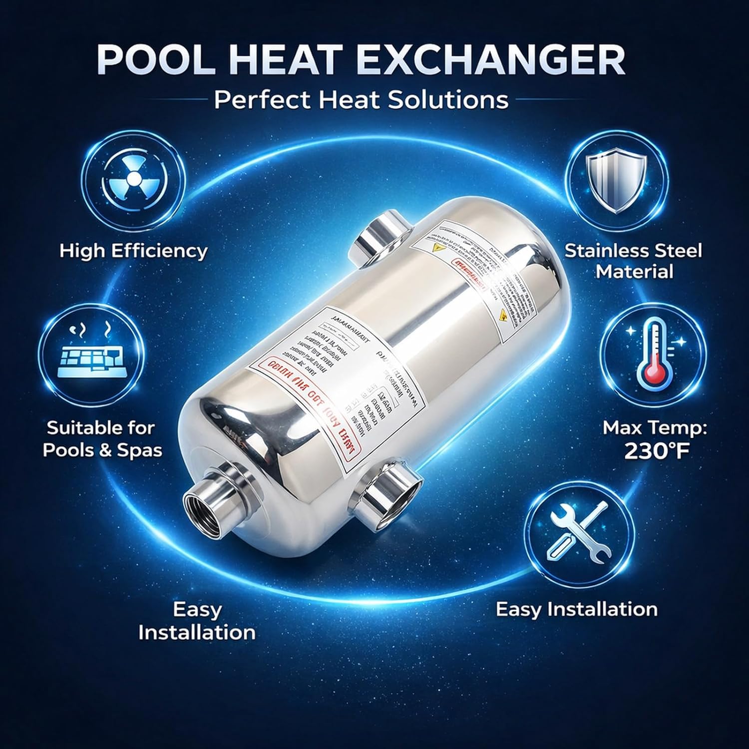 40KW Pool Heat Exchanger Stainless Steel, Compact Swimming Pool Heater, 34.2x15.7cm -, High Efficiency Heat Transfer, Ideal for Spas and Solar Pool Heating