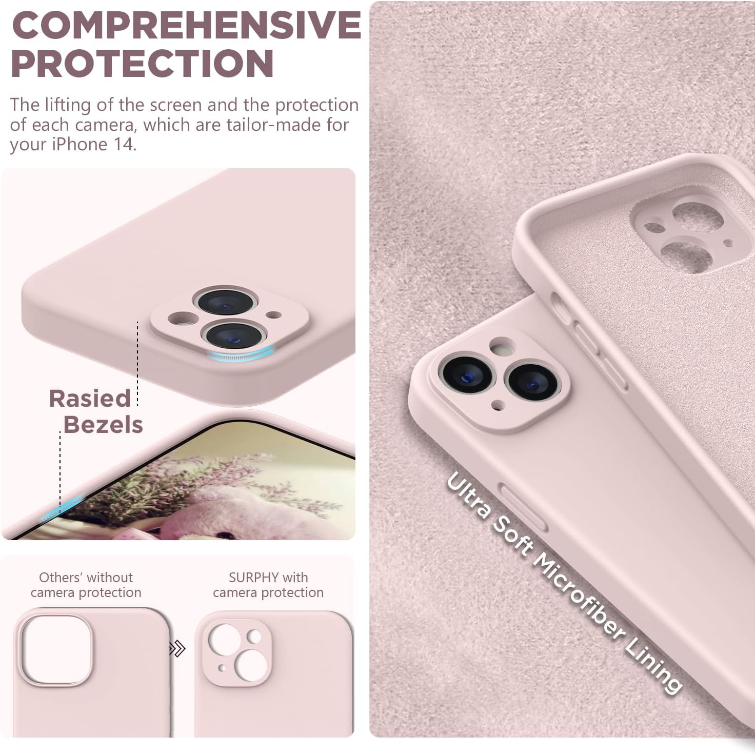 SURPHY Silicone Case Compatible with iPhone 14 Case 6.1 inch (2022), with Camera Protection Liquid Silicone Soft Gel Rubber Phone Case Cover with Microfiber Lining (Pink) - Image 4
