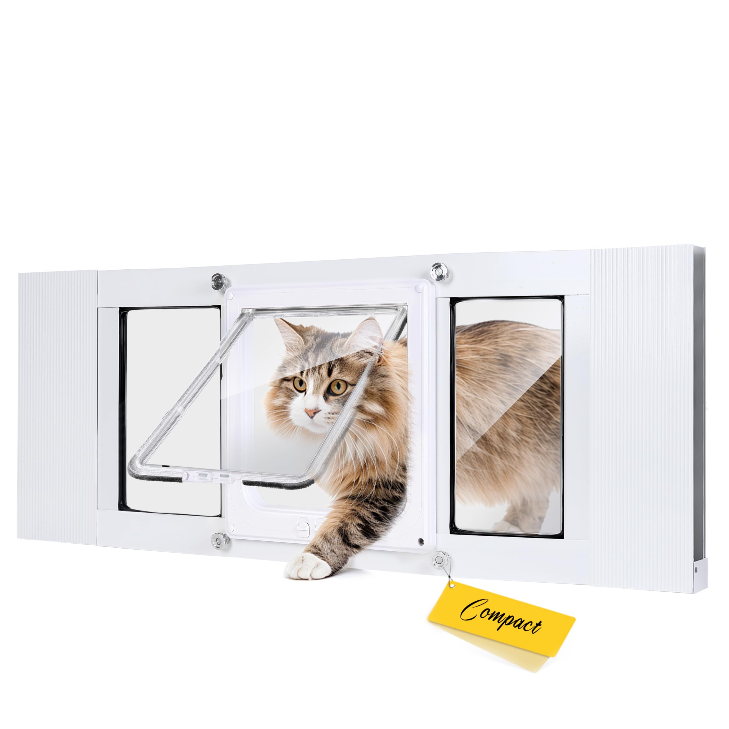 Compact Window Pet Door for Cat Only, Width Adjustable Design Fits Various Sliding Windows, 10-Min Install, Aluminum Frame, HD High-Transparency Glass, Magnetic Close, Weatherproof Design