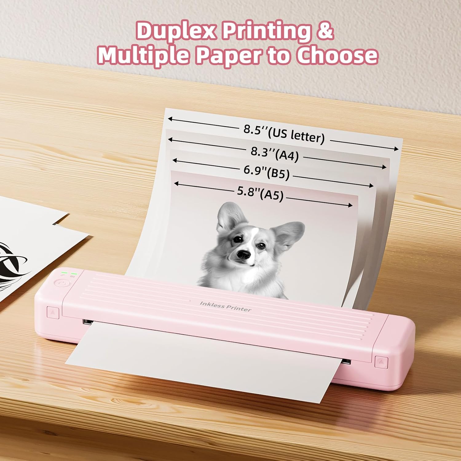 Portable Printer for iPhone iPad Laptop PC - Wireless Bluetooth Supports Dual-Sided Printing Letter/A4/B5/A5 Regular Paper, Inkless Printer for Home Travel Office Vehicle Word PDF Excel TxT 300DPI