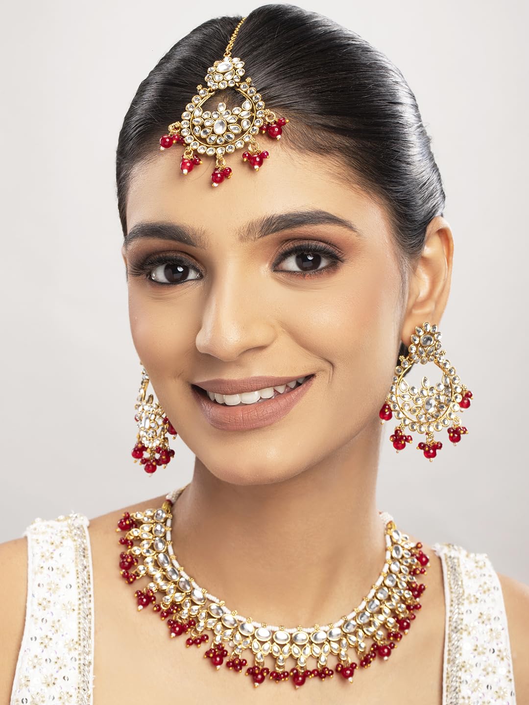 Gold Plated Kundan Red Beaded Jewellery Set with Maangtika