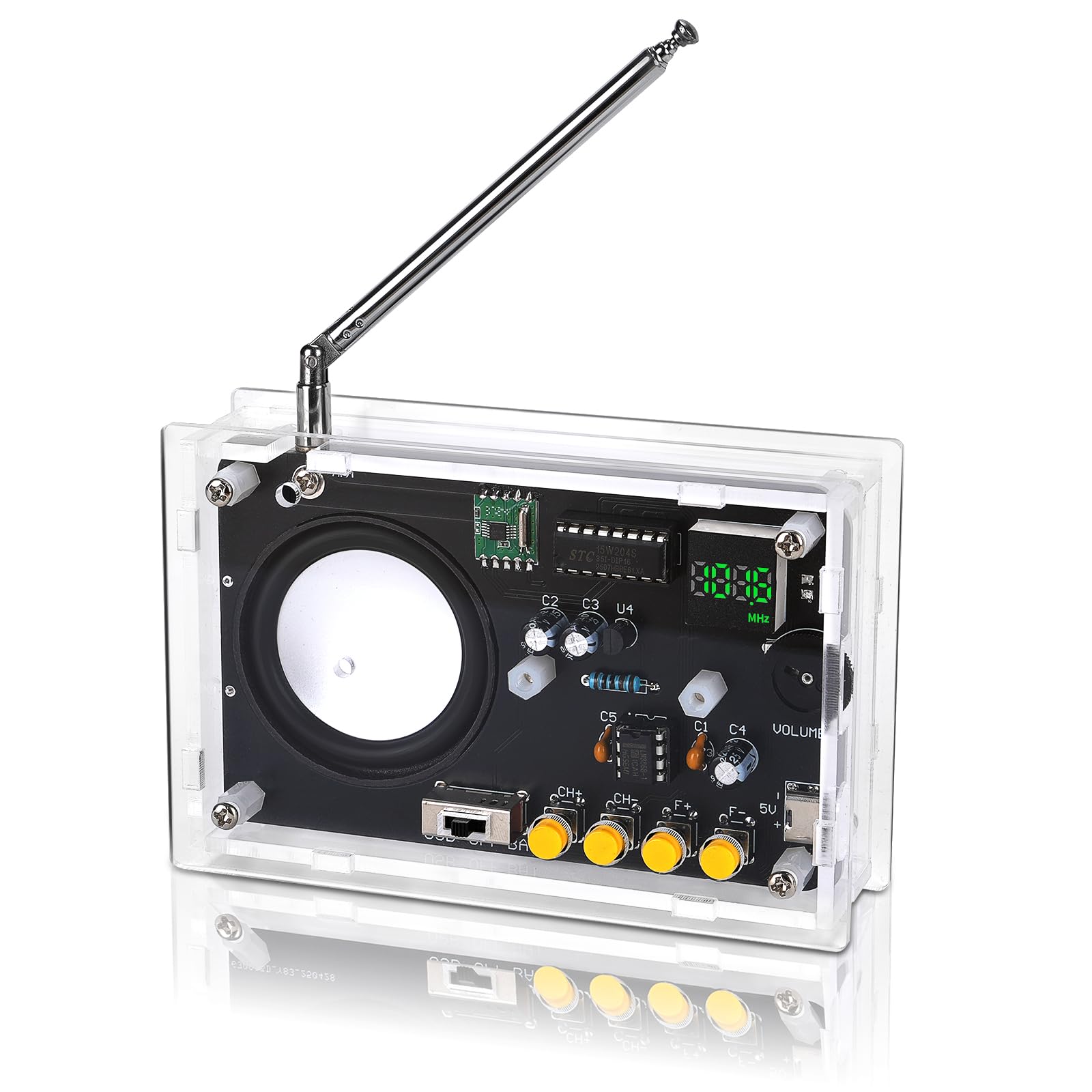 ScienSta Soldering Practice Kit, DIY FM Radio with 2" Speaker, USB/Battery Power, Clear Acrylic Case & Step-by-Step Guide, Soldering Learning