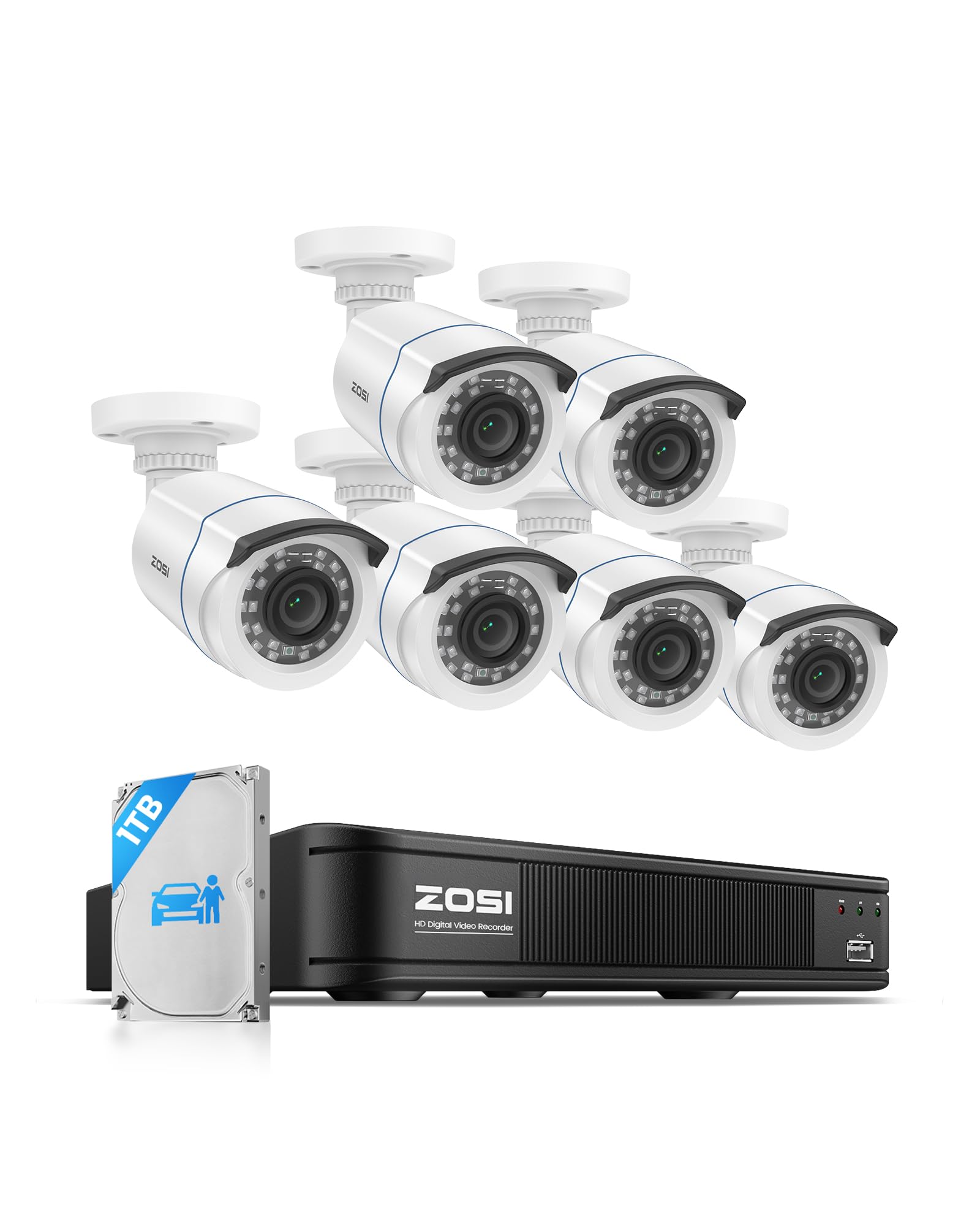 ZOSI 3K Lite Home Security Camera System with AI Human Vehicle Detection, 8CH DVR Recorder and 6 x 1080p Wired CCTV Bullet Cameras Outdoor Indoor, 80ft Night Vision, Remote Access (1TB Hard Drive)