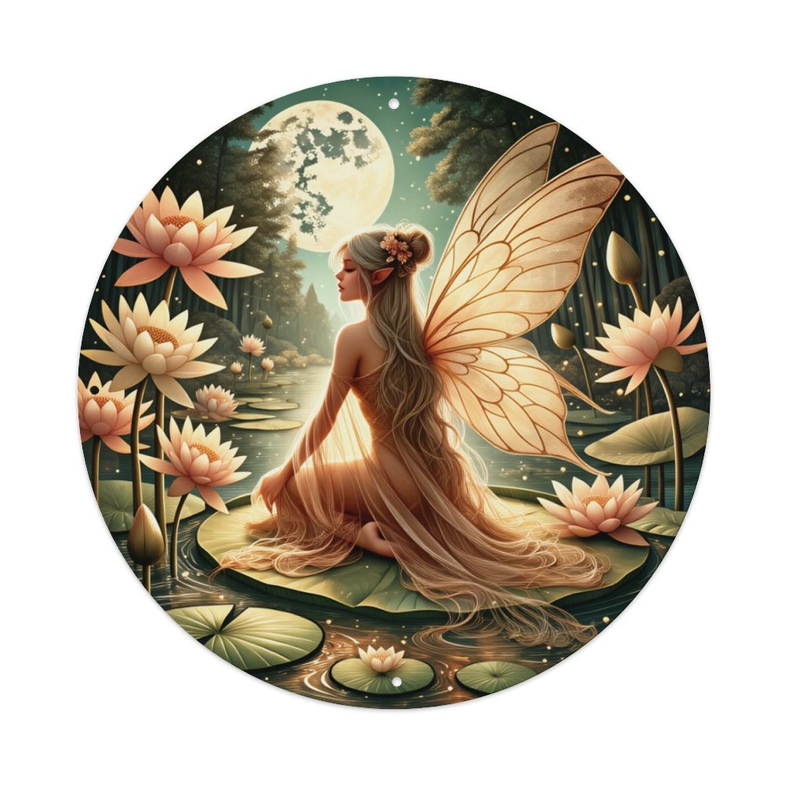 Fairy Moon Lotus Water Wings Round Tin Sign Retro Metal Sign for Cafe Bar Pub Home Game Room Gym Club Wall Decoration Vintage Metal Poster 8x8 Inch