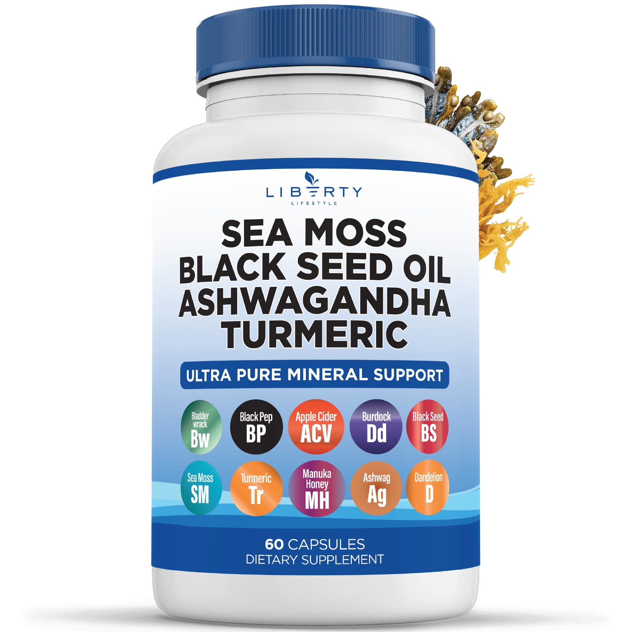 Sea Moss Black Seed Oil Ashwagandha Turmeric Bladderwrack Burdock - with Manuka, Honey Dandelion, ACV Black Pepper Gluten Free - 1-Pack
