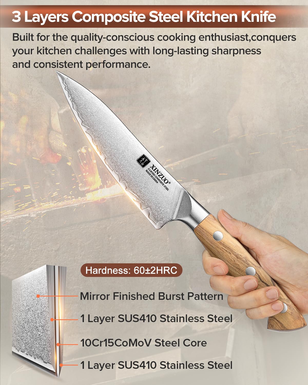 XINZUO Verbundstahl 13,5cm Küchen Allzweckmesser Handgeschmiedet scharfe Universalmesser -kohlenstoffreichem Stahl Obstmesser Schälmesser -Ergonomischer Griff aus Olivenholz -Exquisite Geschenkbox