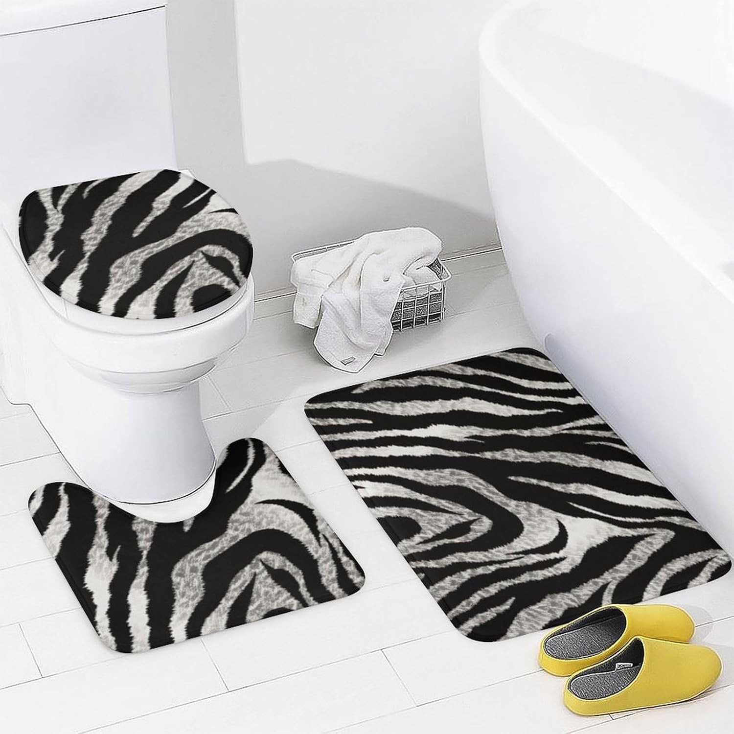 Black and White Zebra Print Shower Curtain Set 4 Piece, Non-Slip Bath Mat with Toilet Lid Cover and Waterproof Shower Curtain with 12 Hooks, Complete Bathroom Set for Home Decor