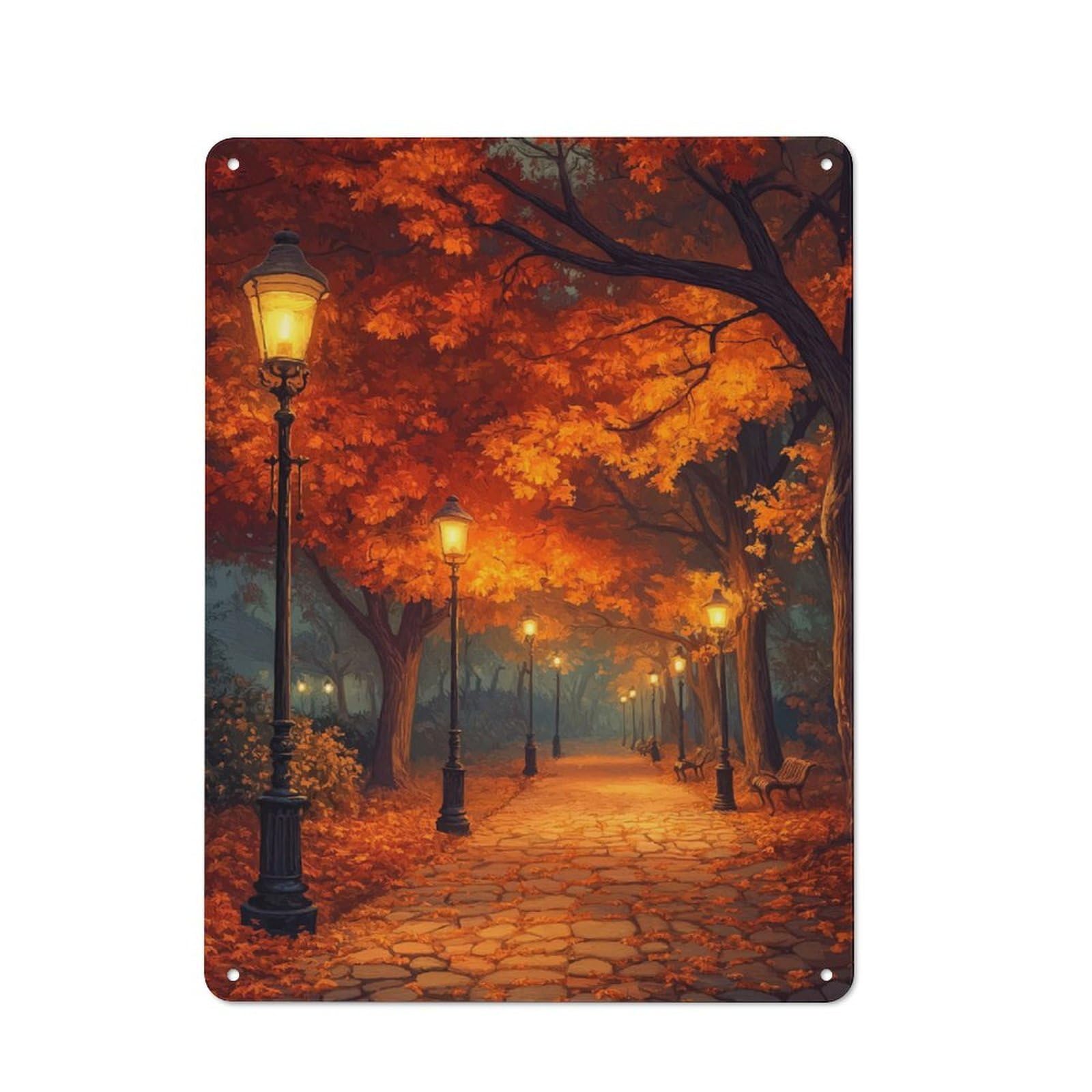 For Hallway Wall, Autumn Path with Streetlights Vintage-inspired Metal Sign 40x30cm, A Moving-home Gift for Collectors of Tin Signs