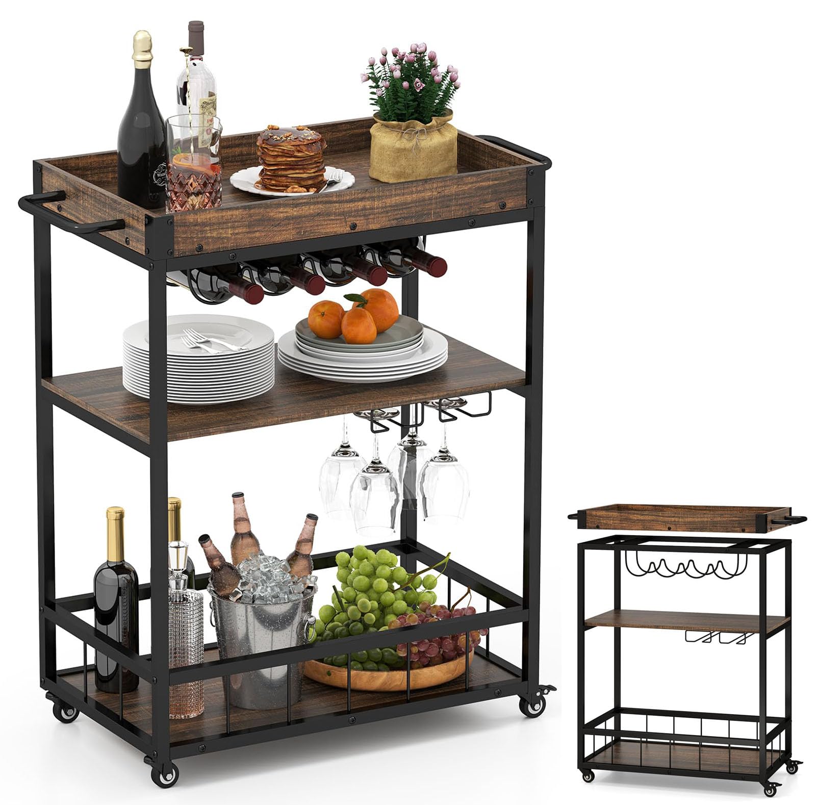 RELAX4LIFE Carrello Bar a 3 Livelli con Vassoio Rimovibile, Portabottiglie e Porta Bicchieri, Carrello su Ruote con Manico per Sala da Pranzo e Soggiorno