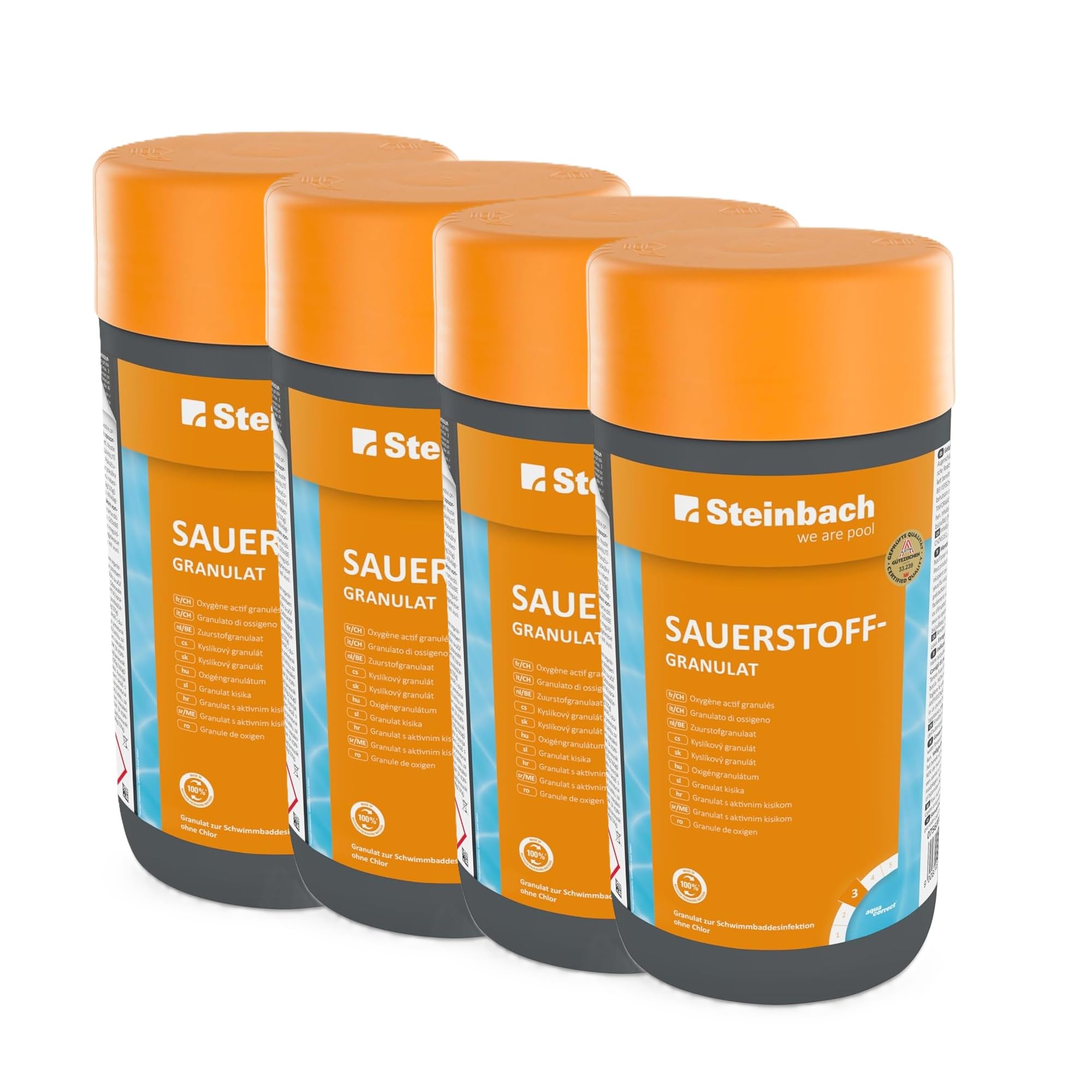 Steinbach Poolpflege Sauerstoffgranulat - 0756001TV04-4 kg - Pooldesinfektion ohne Chlor - Aktivsauerstoff zur Wasserpflege - Schnelle Desinfektion & Oxidation - Für Erstdosierung & Dauerdosierung