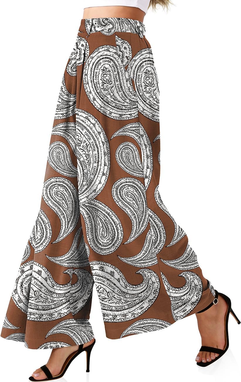 TARSE Womens Linen Palazzo Pants 2026 High Waist Wide Leg Printed Pleat Pants Woman Flowy Dressy Casual Pockets Trousers