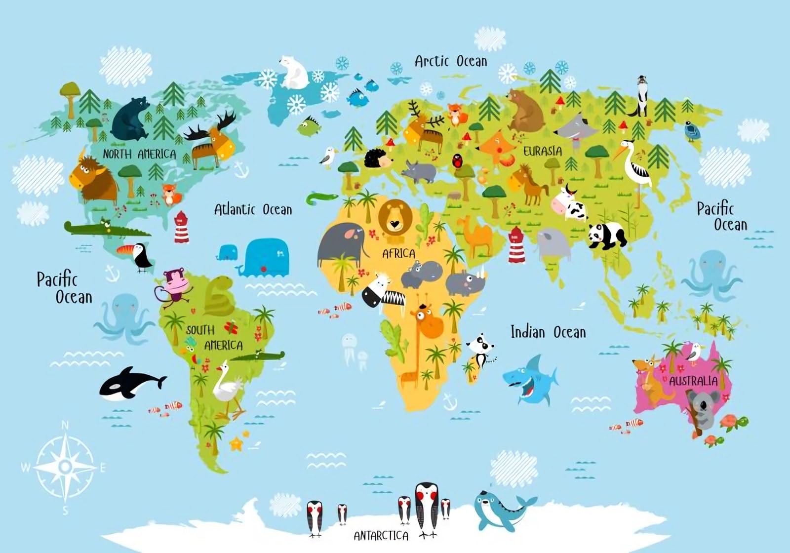 Papel Pintado Mapamundi Fotográfico Tejido No Tejido 3d Mural Fresco Del Paraíso Animal Del Mapa Del Mundo De La Historieta 430cmx300cm Madera Rayas Naturaleza Niña Chicos Fotomurales