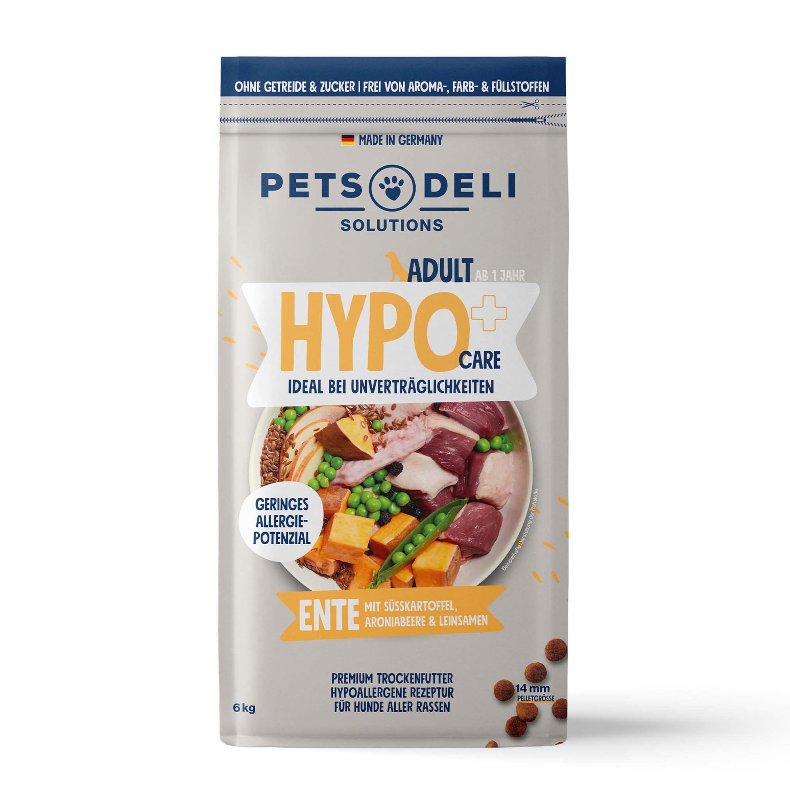 Pets Deli Hypocare Hunde Trockenfutter Ente & Süßkartoffel, hypoallergen, monoprotein, ideal bei Unverträglichkeiten & Allergien, getreidefrei, ohne Zucker, 6kg, Premium Qualität