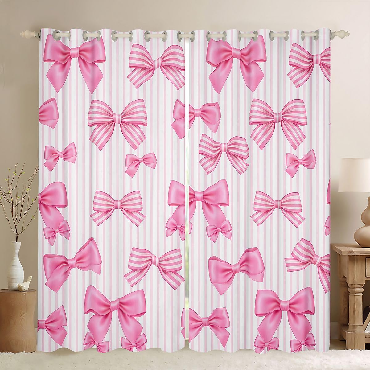 Homemissing Cortinas opacas de satén con lazo de princesa para dormitorio, sala de estar, lazo rosa, cortinas opacas Kawaii Coquette para oscurecer la habitación, 2 paneles de 66 pulgadas de ancho x