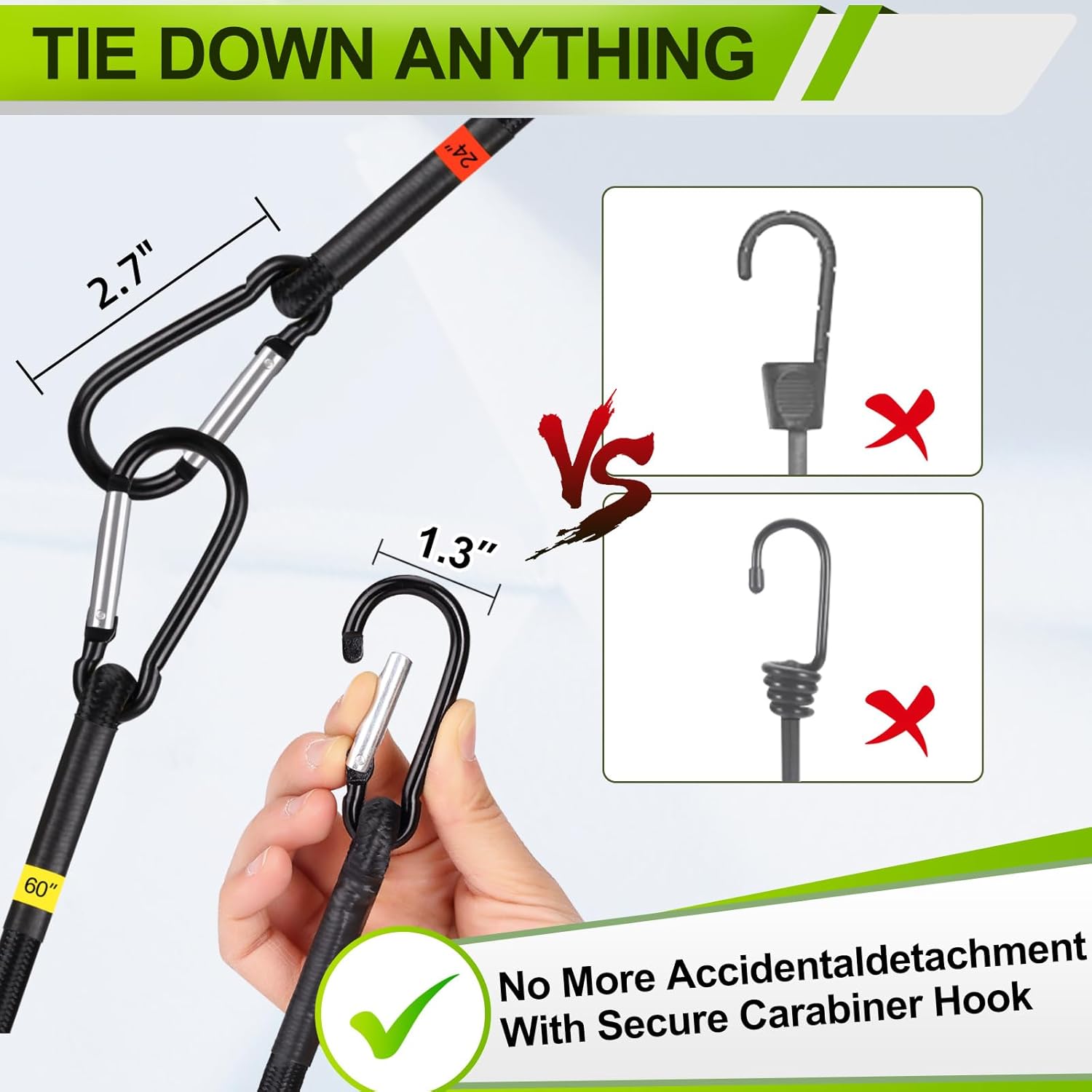 Bungee Cords Set 28pcs Heavy Duty Outdoor Roll Bungie Cord Bundle with Carabiner Hooks 10" 18" 24" 36" 48" 60" Black Bungee Straps Ball Bungee Cords and Tent Clip (28Pcs-Black) - Image 5
