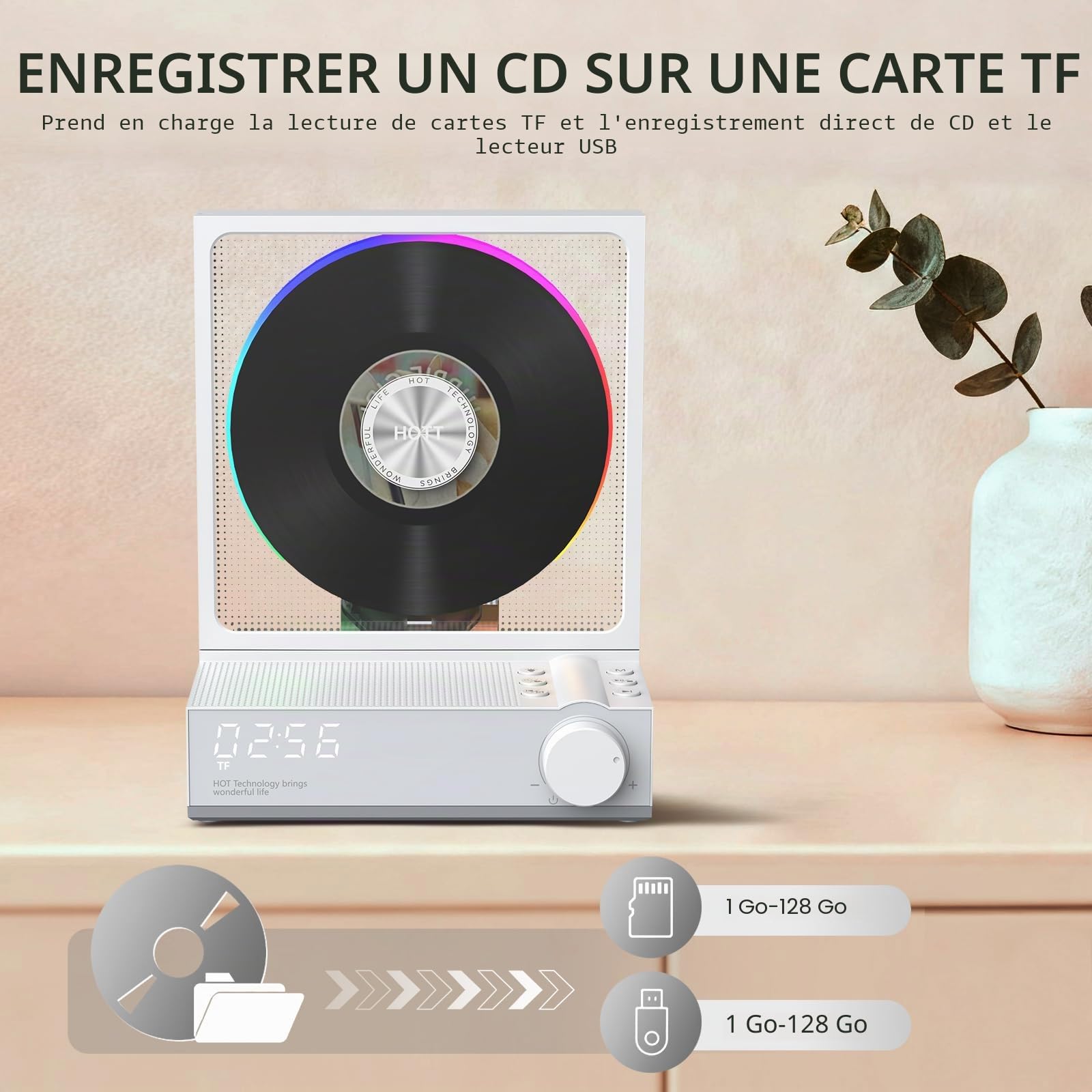 HOTT Lecteur CD de bureau avec télécommande, lecteur CD Bluetooth 5.3 avec lumières RVB, haut-parleurs HiFi, lecture et transcription, écran LED, minuterie (blanc)